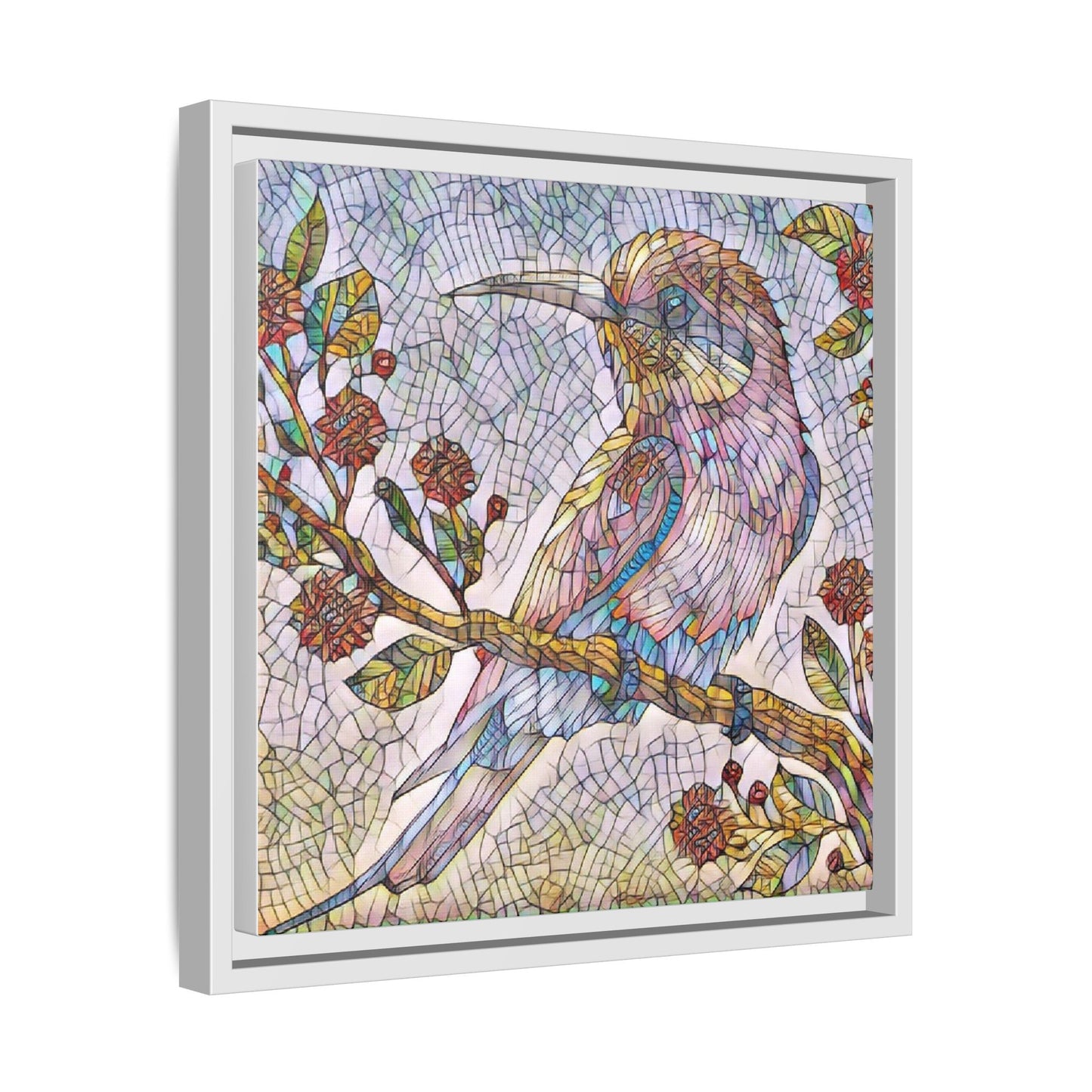 Framed Mosaic Bird Art Print — Colorful Kookaburra Wall Canvas
