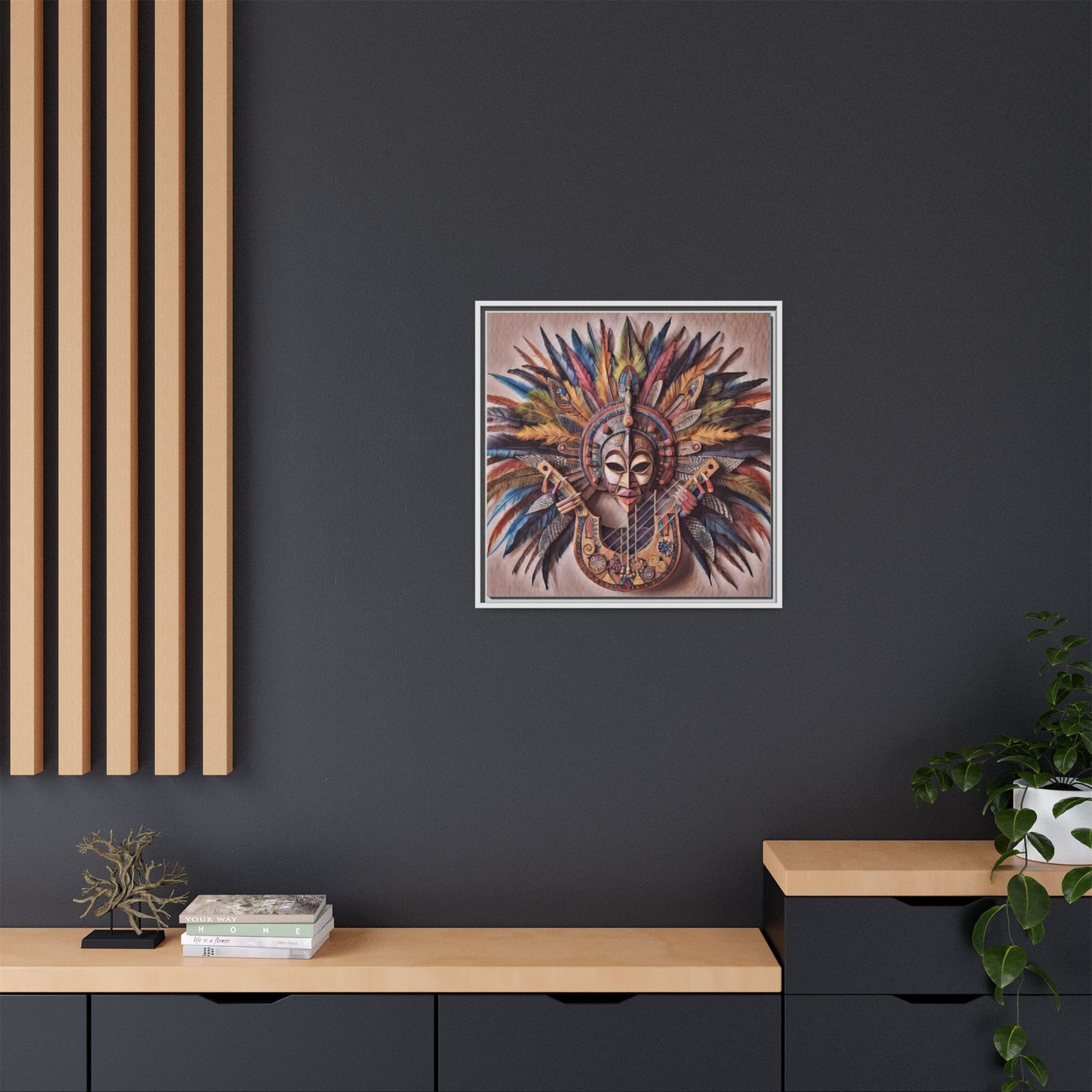 Tribal Feather Mask Guitar Framed Canvas Art — Colorful Boho Wall Decor