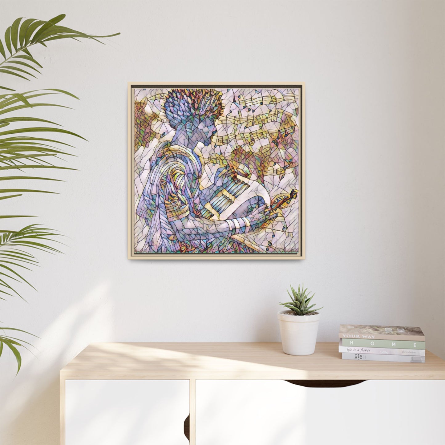 Abstract Jazz Musician Framed Canvas Art — Colorful Stained-Glass Style Wall Decor