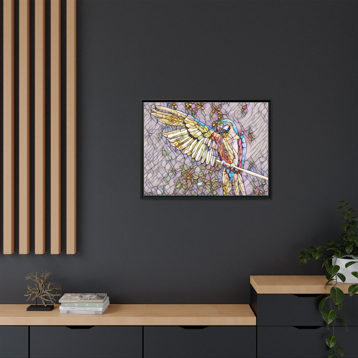 Framed Parrot Stained-Glass Art Print — Matte Canvas Wall Decor