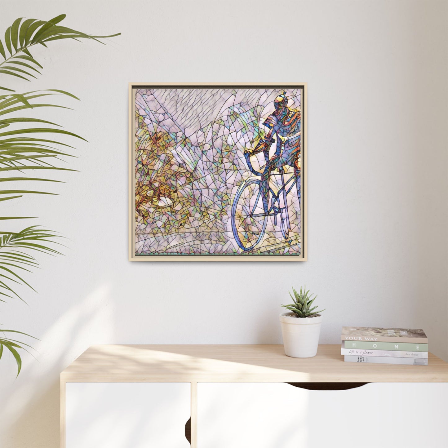 Colorful Cyclist Stained-Glass Art — Framed Matte Canvas
