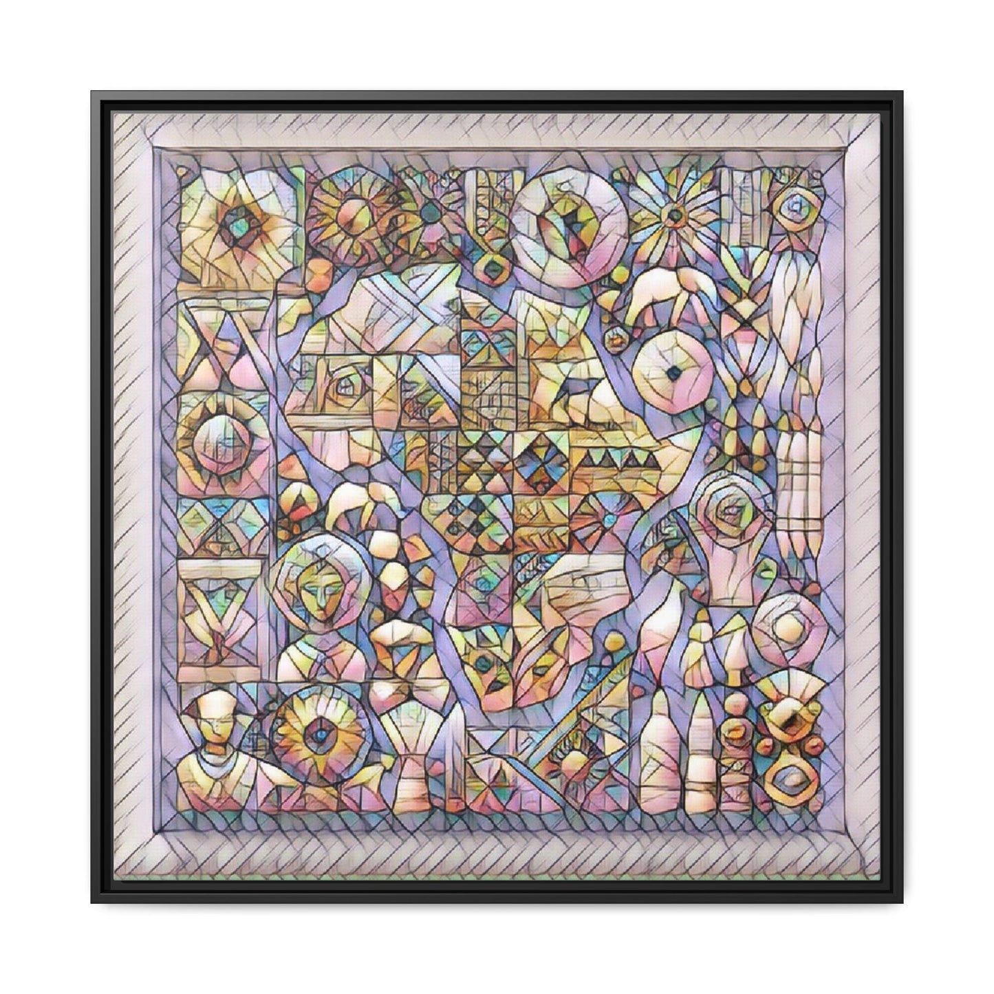 Framed Abstract Mosaic Matte Canvas Art — Pastel Geometric Wall Decor