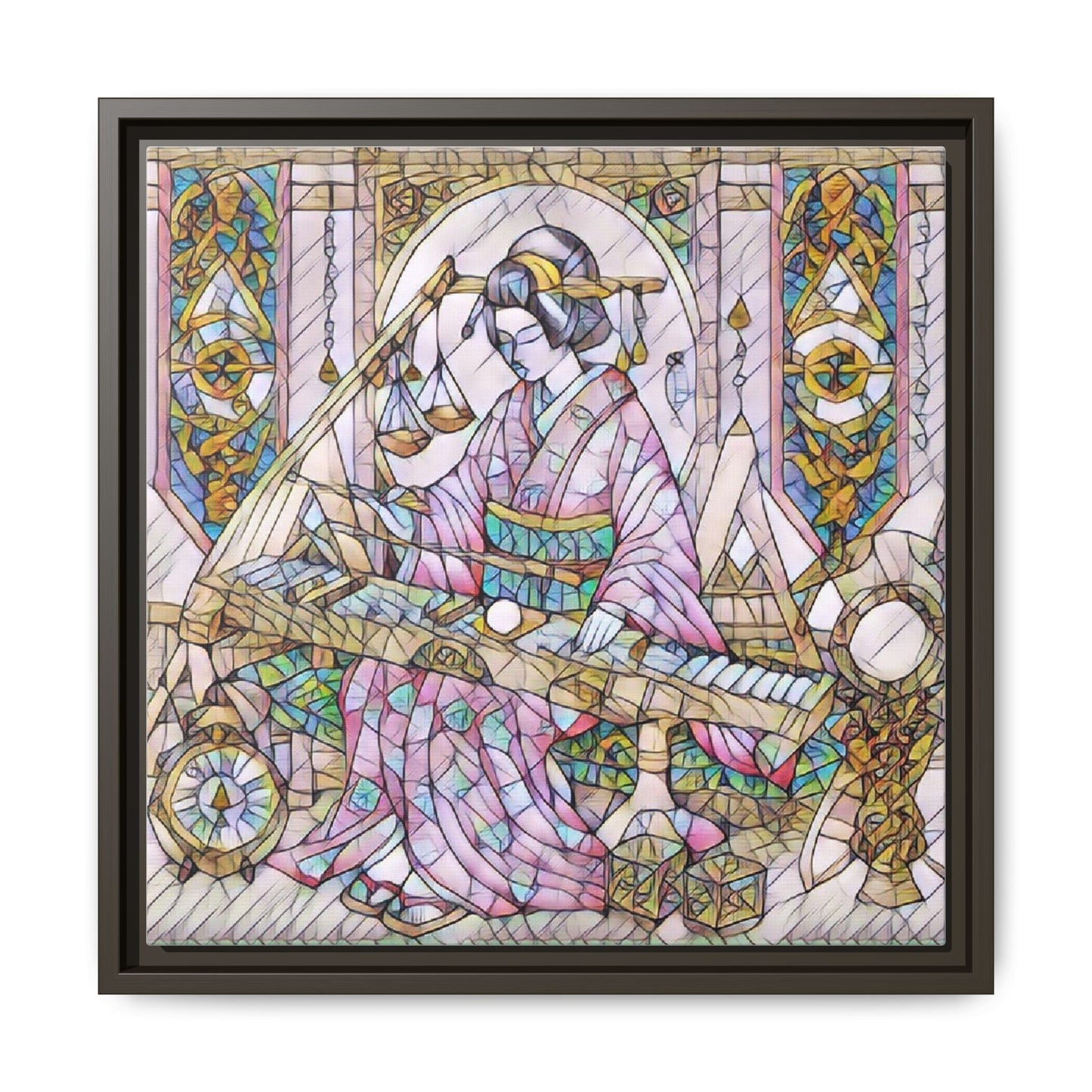 Framed Matte Canvas — Geisha Harp Stained-Glass Art Print