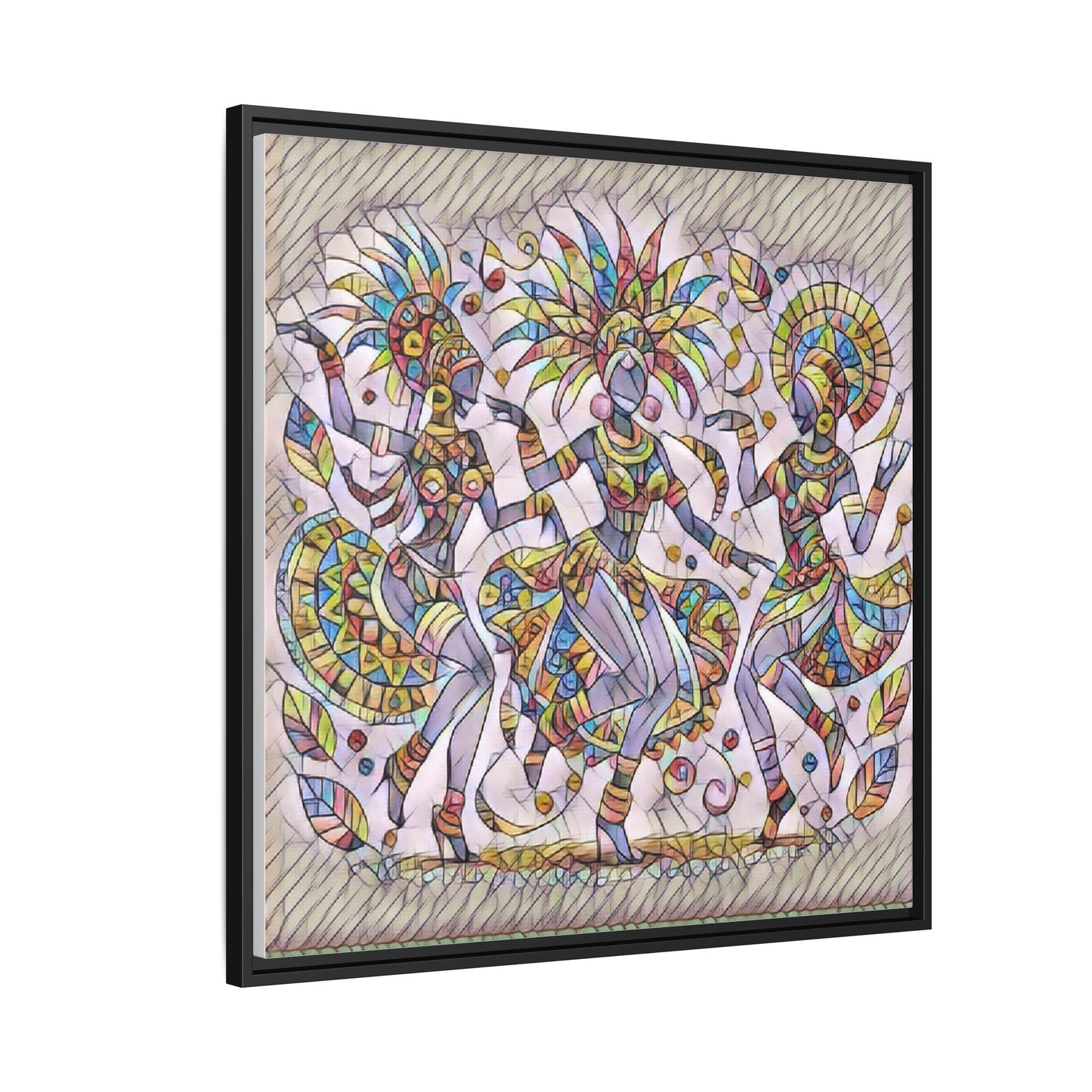 Colorful Carnival Dancers Framed Canvas Art — Multicolor Tribal Celebration Print