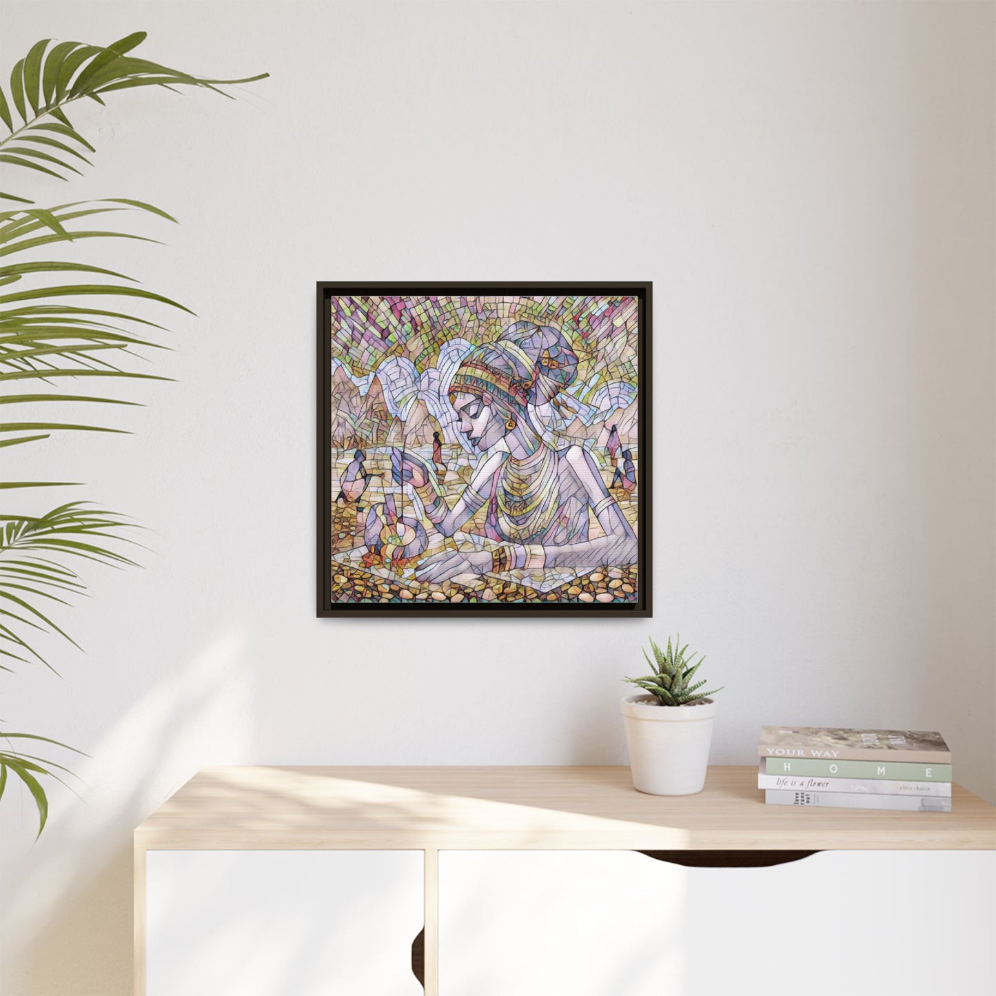 Framed Matte Canvas Art — Mosaic-Inspired Egyptian Woman Illustration