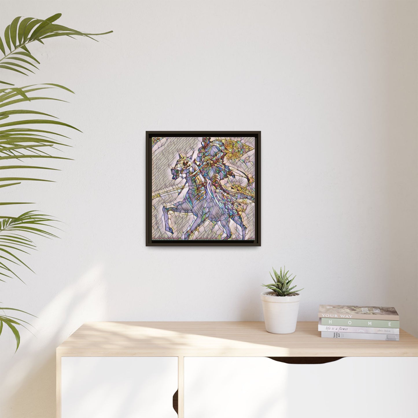 Framed Matte Canvas Art — Stained Glass Knight on Horse Fantasy Wall Decor