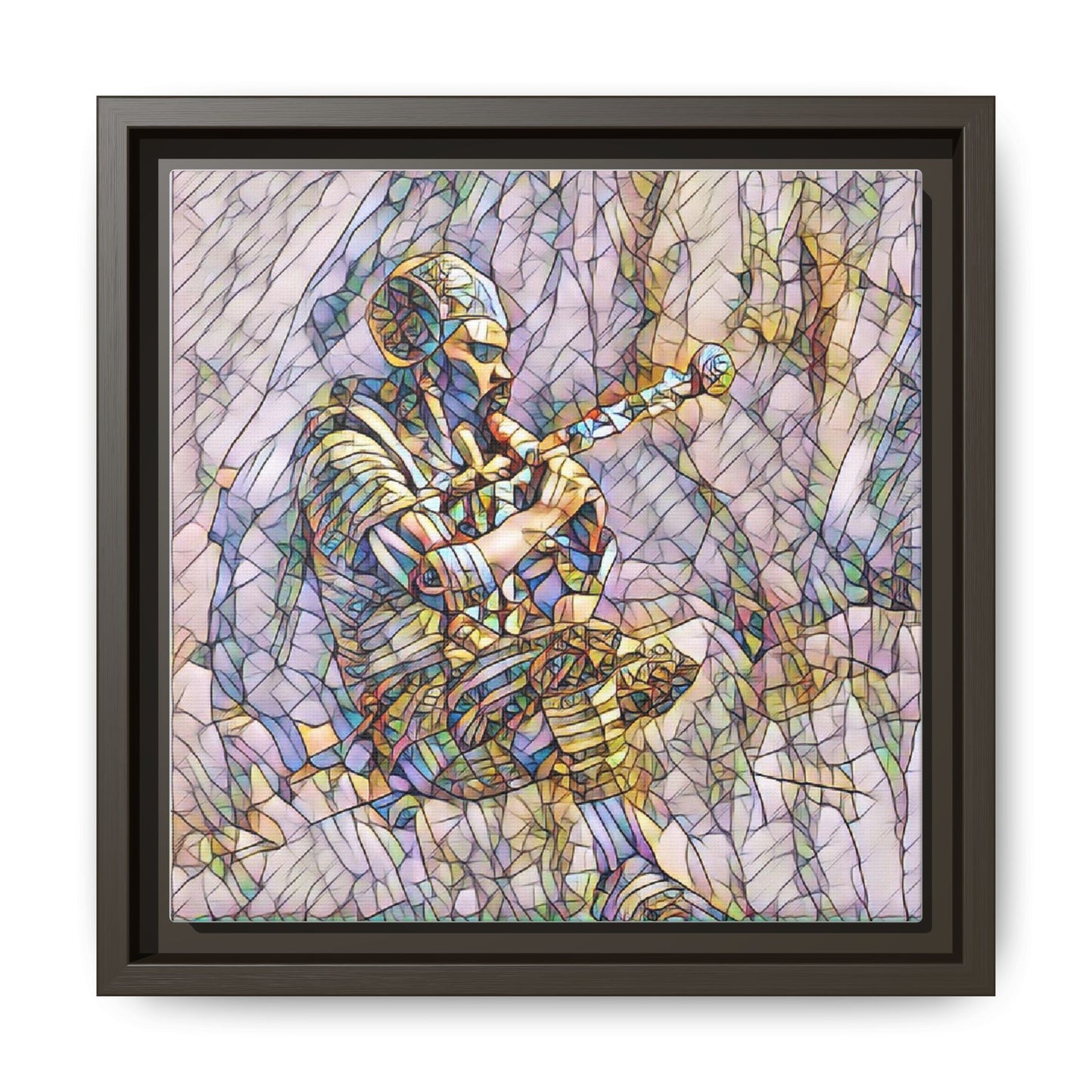 Celtic Piper Framed Matte Canvas — Stained-Glass Style Highland Bagpiper Art
