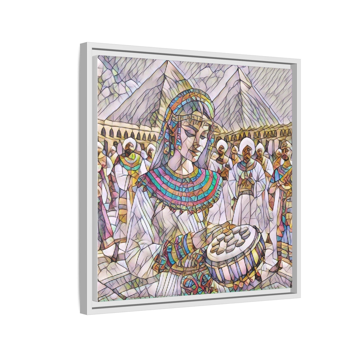 Egyptian Drum Player Framed Canvas Art — Colorful Ancient Scene Wall Decor