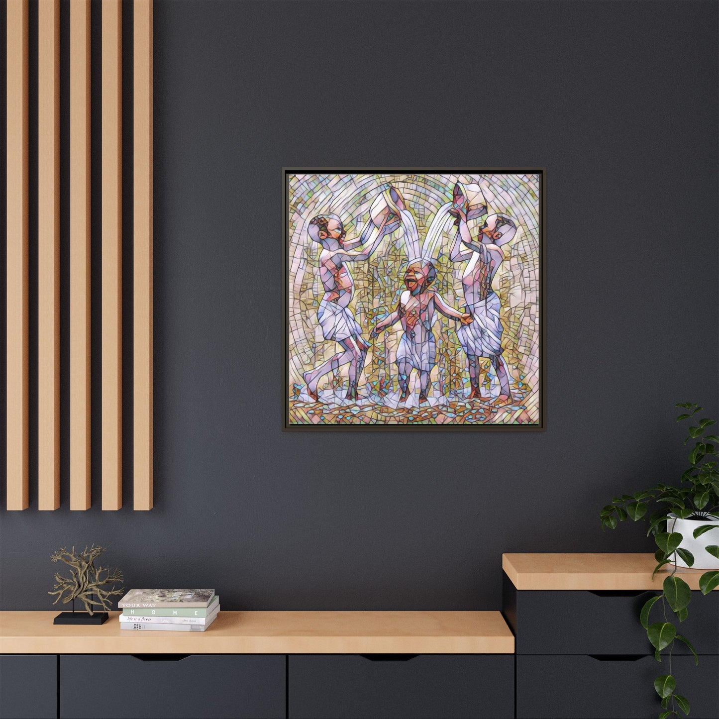Framed Matte Canvas Art – Joyful Water Dance Family Stained-Glass Print