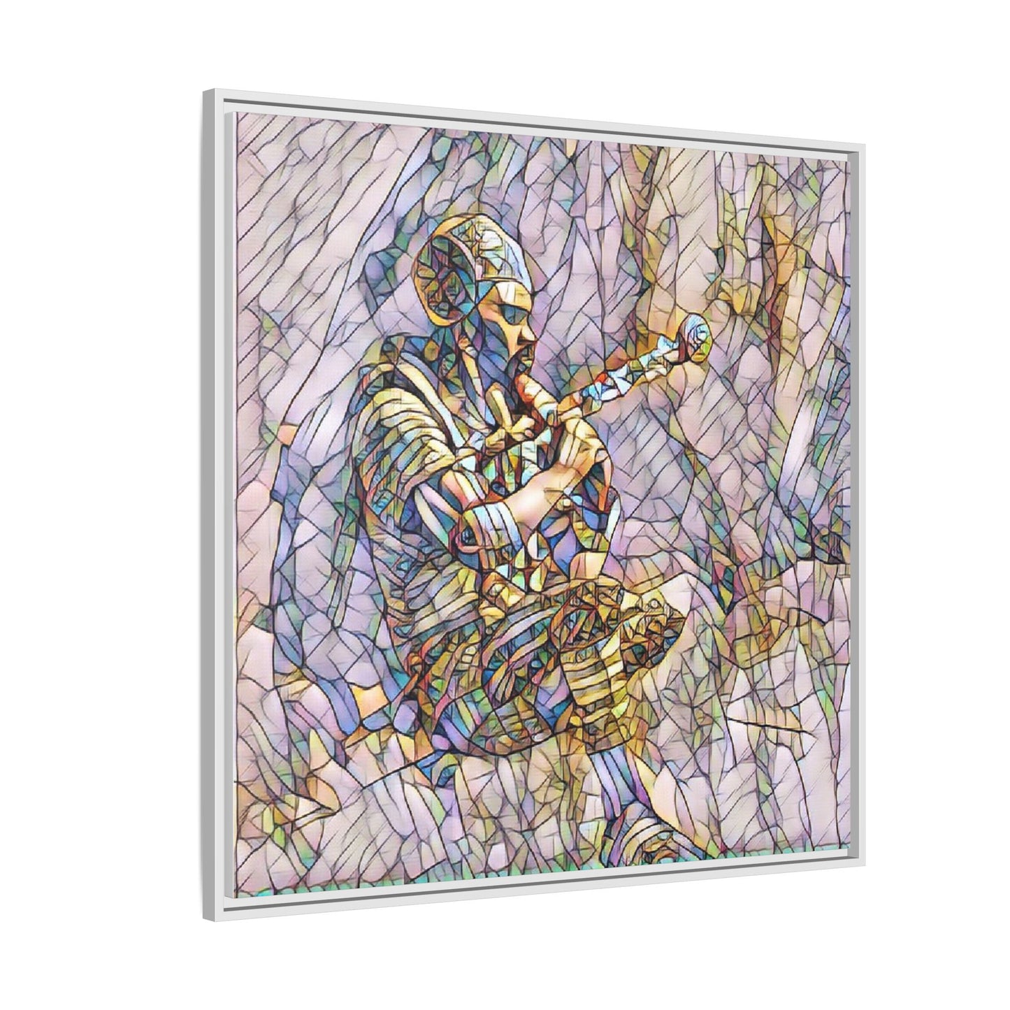 Celtic Piper Framed Matte Canvas — Stained-Glass Style Highland Bagpiper Art