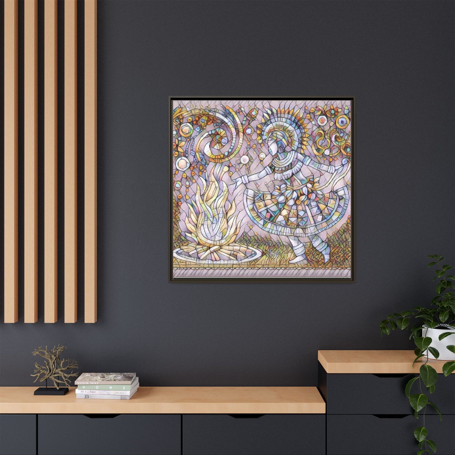 Bohemian Fire Dancer Framed Canvas Art — Colorful Folk Mosaic Wall Decor
