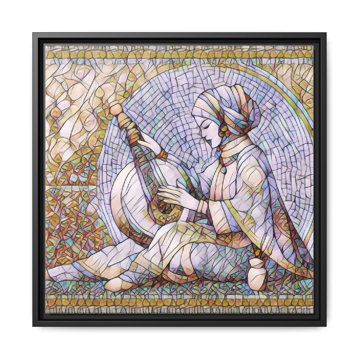 Framed Matte Canvas: Mosaic Lute Player Wall Art — Bohemian Musical Portrait