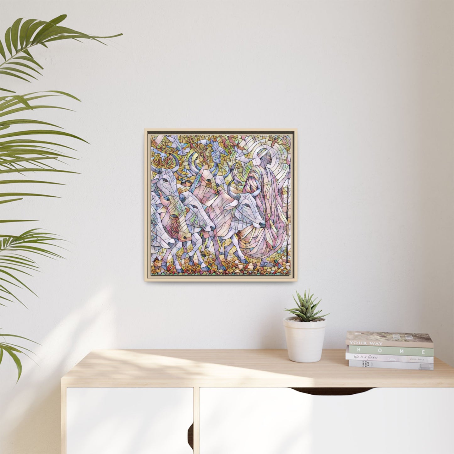 Framed Matte Canvas Art — Stained-Glass Style Cattle Herd