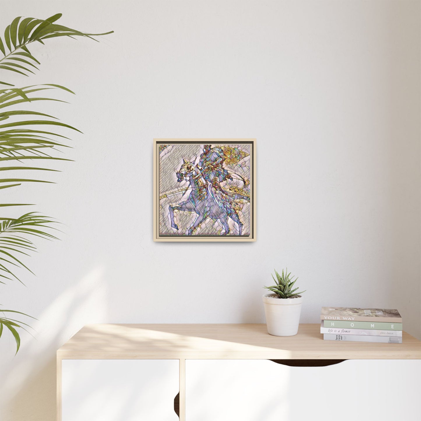 Framed Matte Canvas Art — Stained Glass Knight on Horse Fantasy Wall Decor