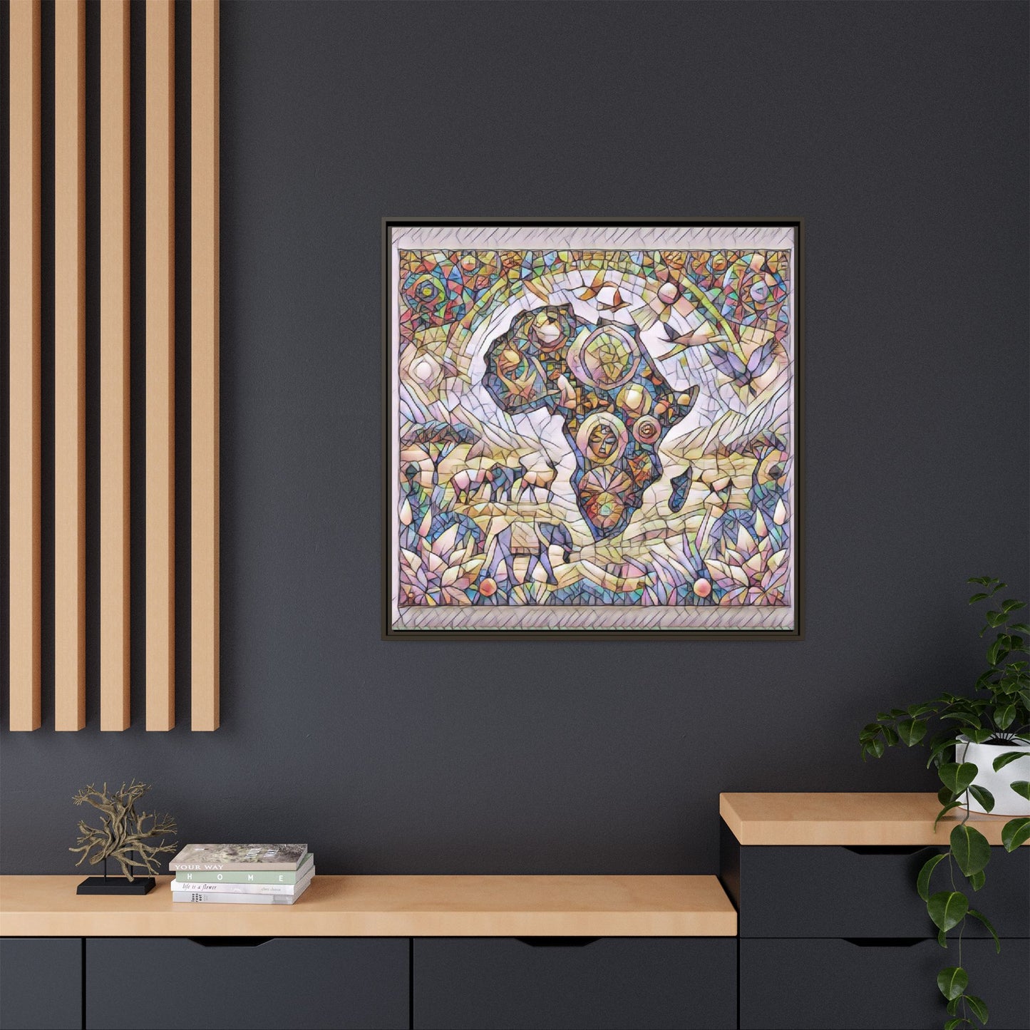 Abstract Mosaic Africa Framed Canvas — Colorful Stained-Glass Wall Art