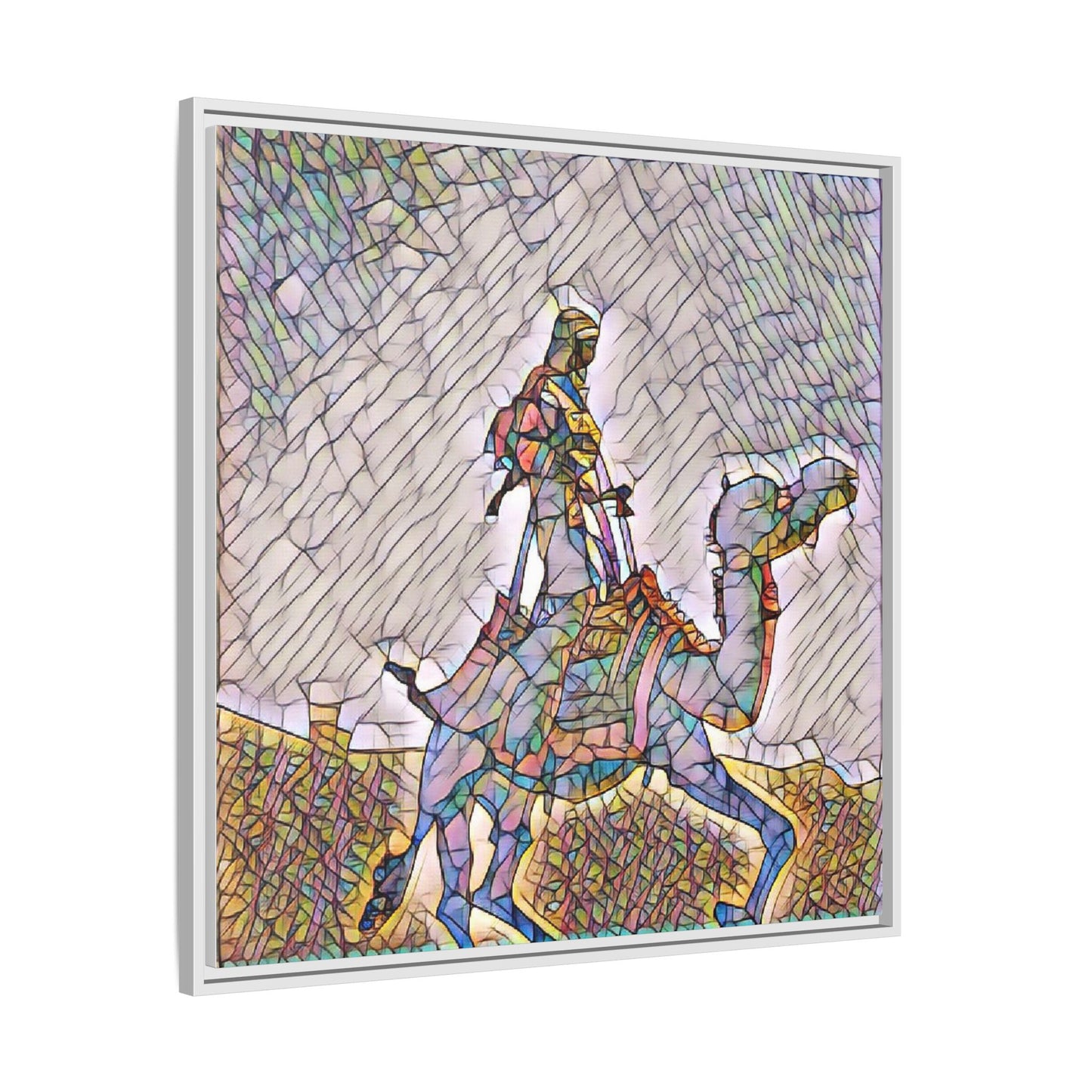 Framed Camel Rider Matte Canvas Art — Colorful Mosaic Desert Wall Decor