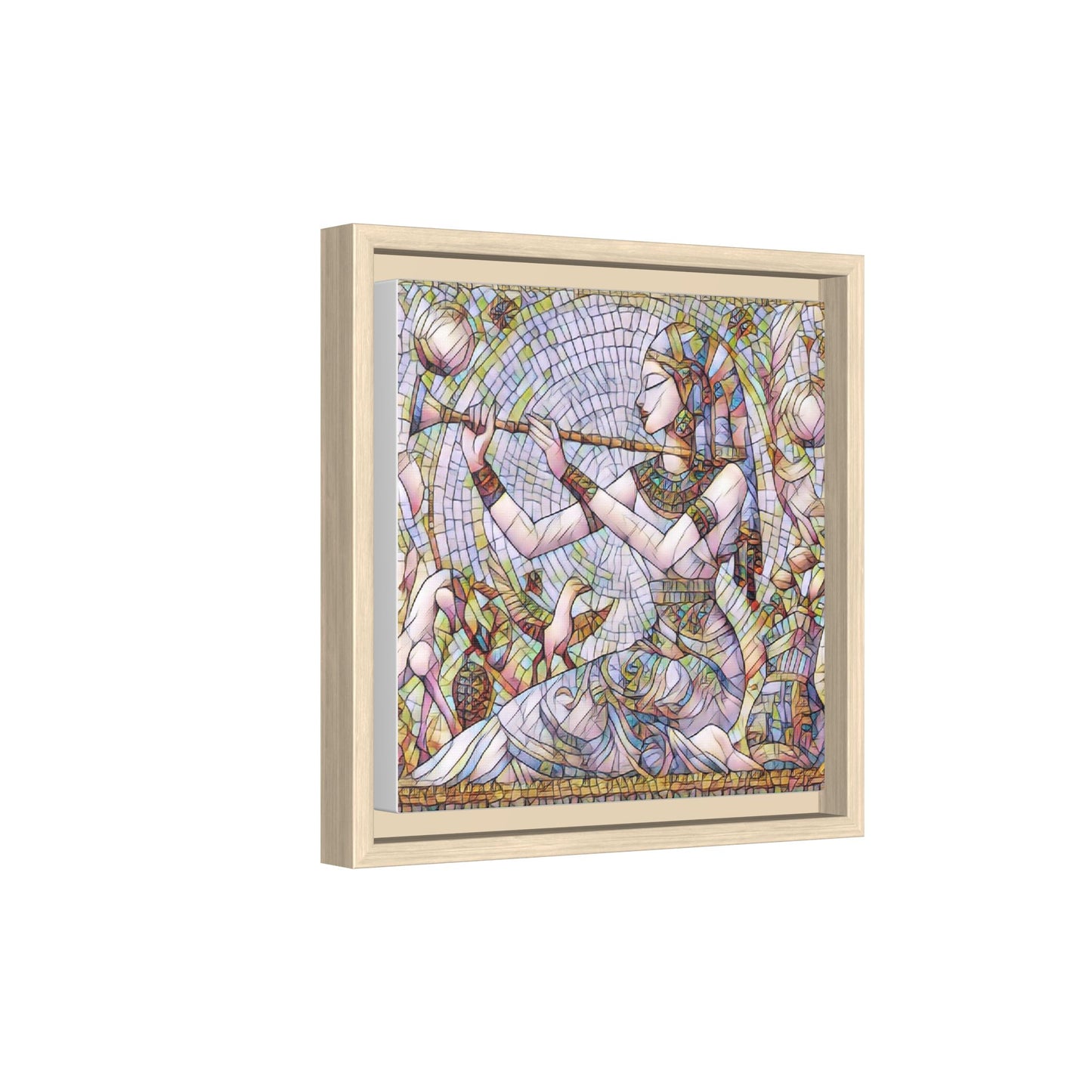 Egyptian Flute Player Framed Canvas Art — Colorful Mosaic Wall Decor