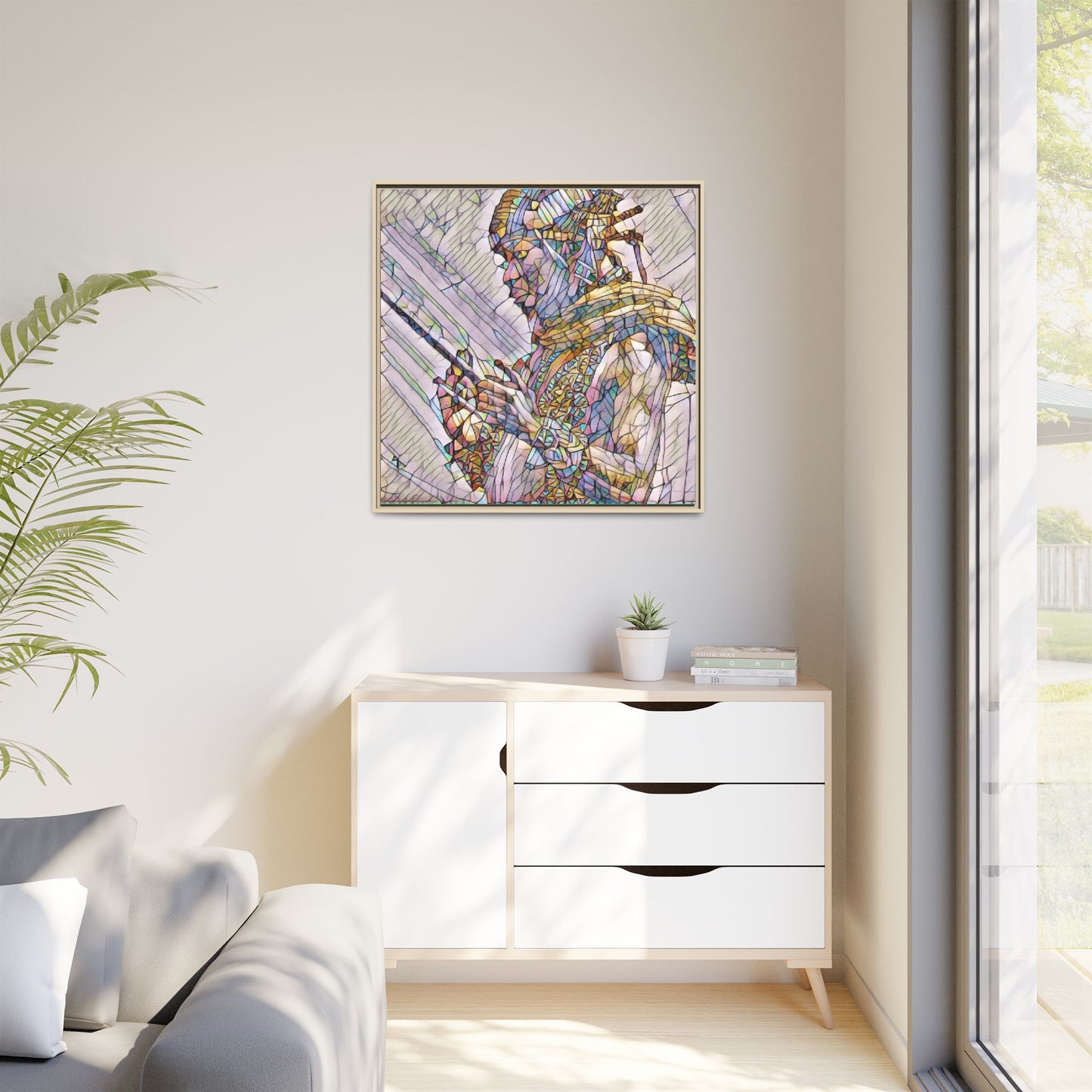 Framed Canvas Art - Colorful Tribal Warrior Portrait (Matte)