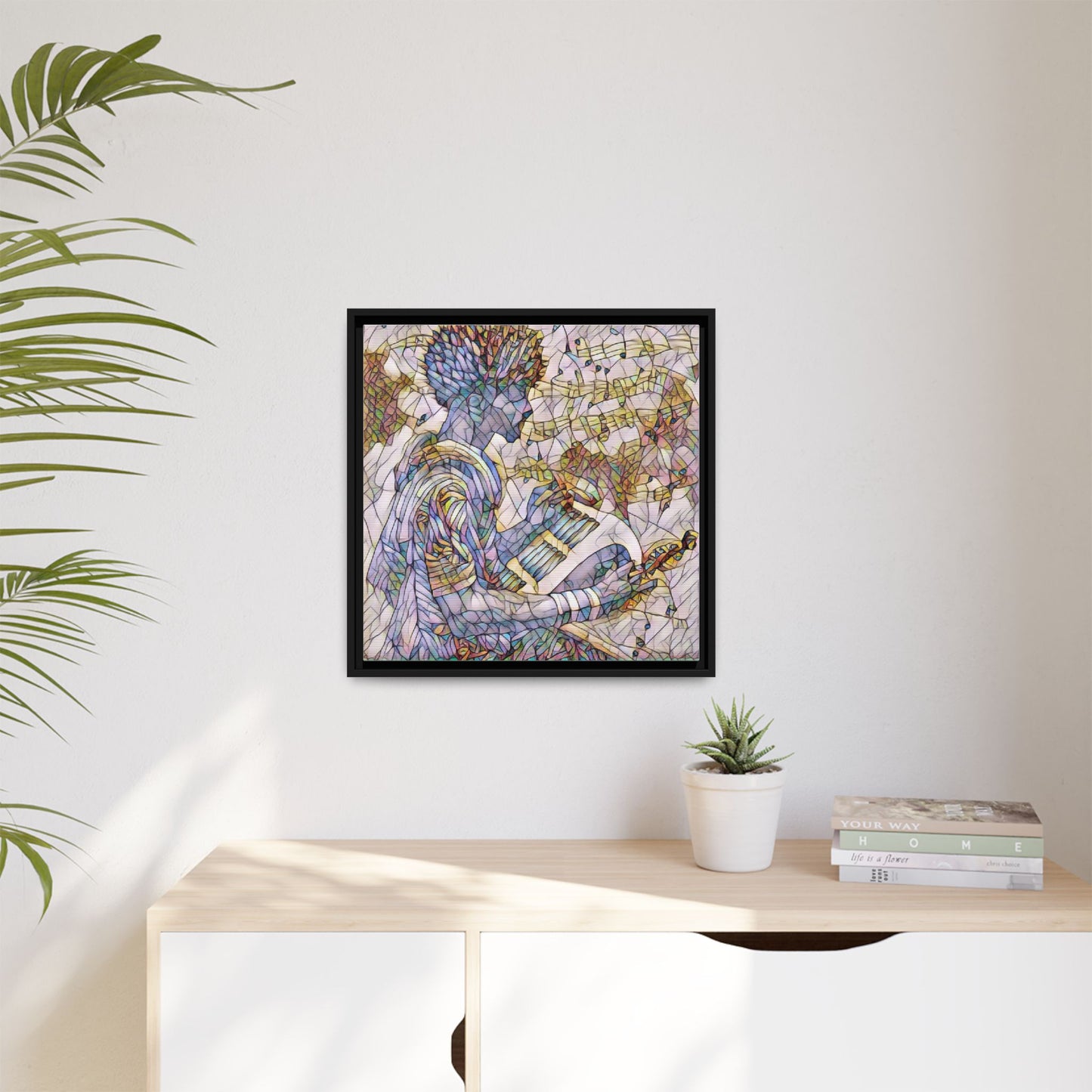 Abstract Jazz Musician Framed Canvas Art — Colorful Stained-Glass Style Wall Decor