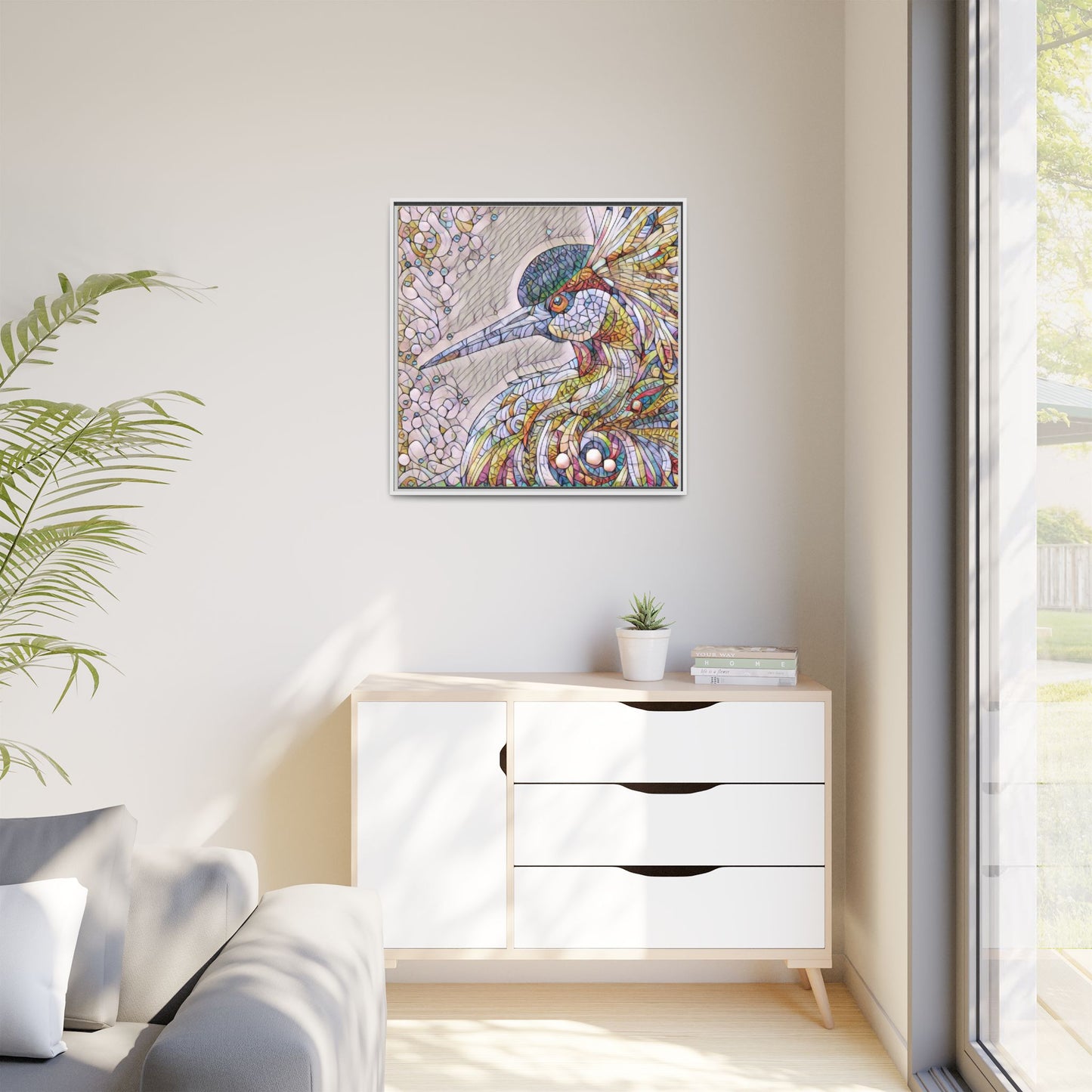 Colorful Stained-Glass Heron Matte Canvas Framed Wall Art
