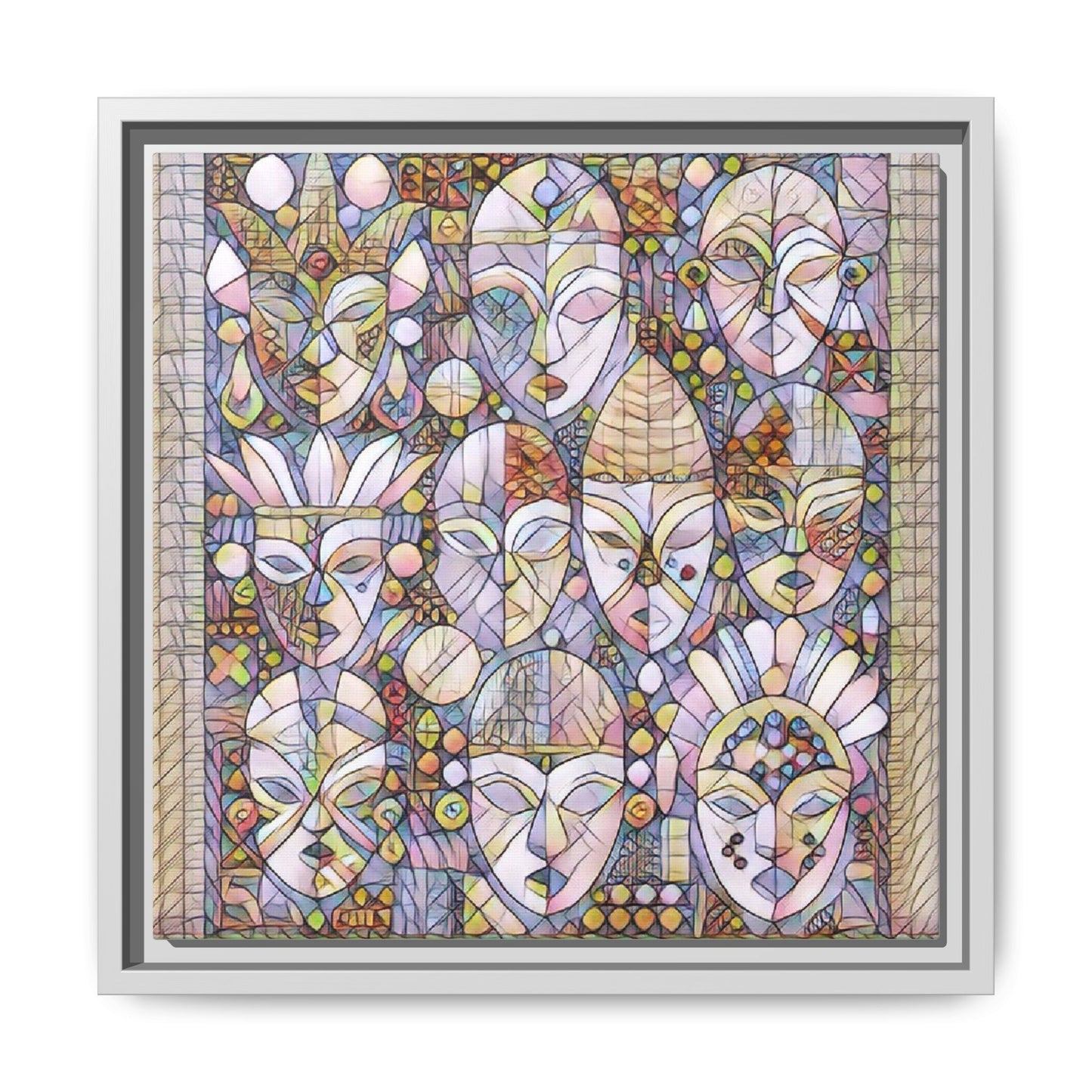 Framed Abstract Mask Art Canvas — Multicolor Stained-Glass Faces Wall Decor