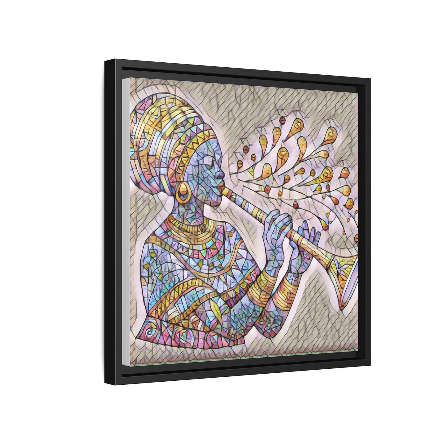 Framed Matte Canvas Art – Colorful African Musician Trumpet Print