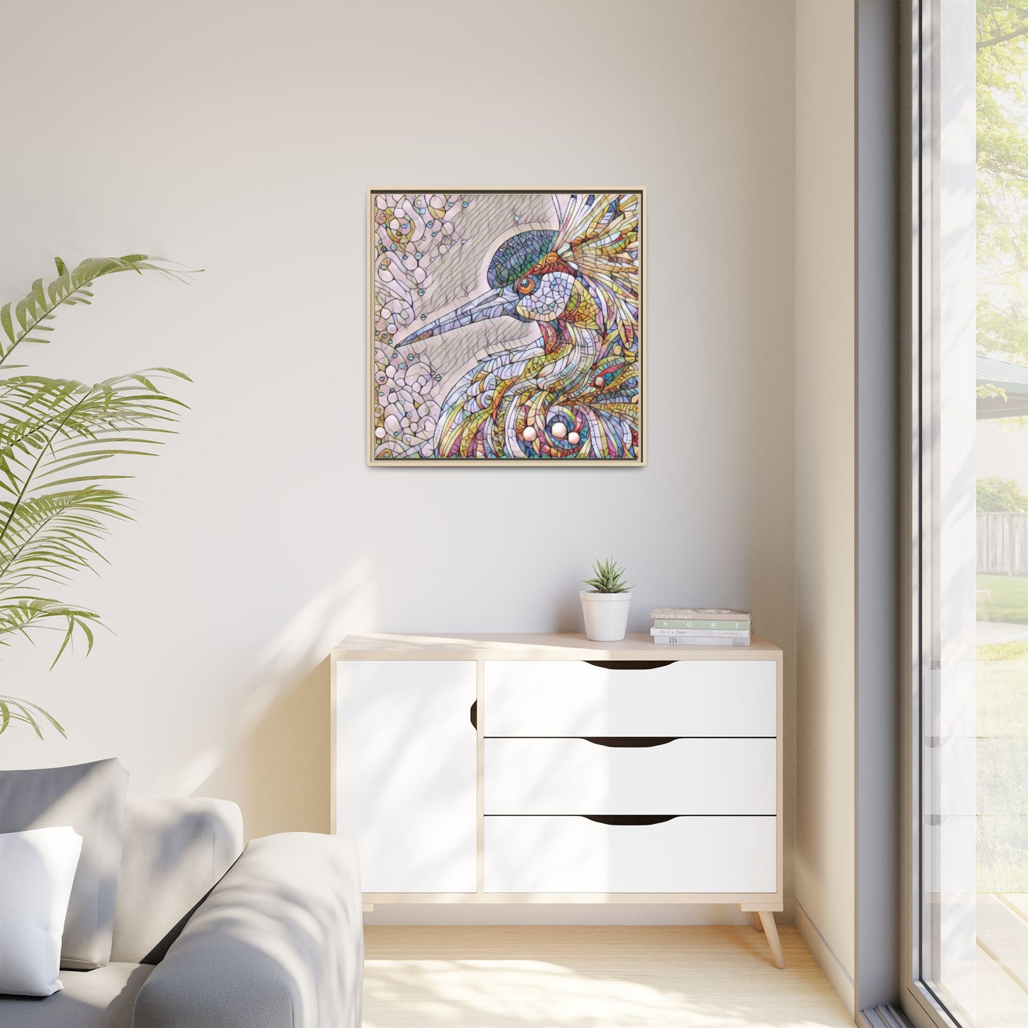Colorful Stained-Glass Heron Matte Canvas Framed Wall Art