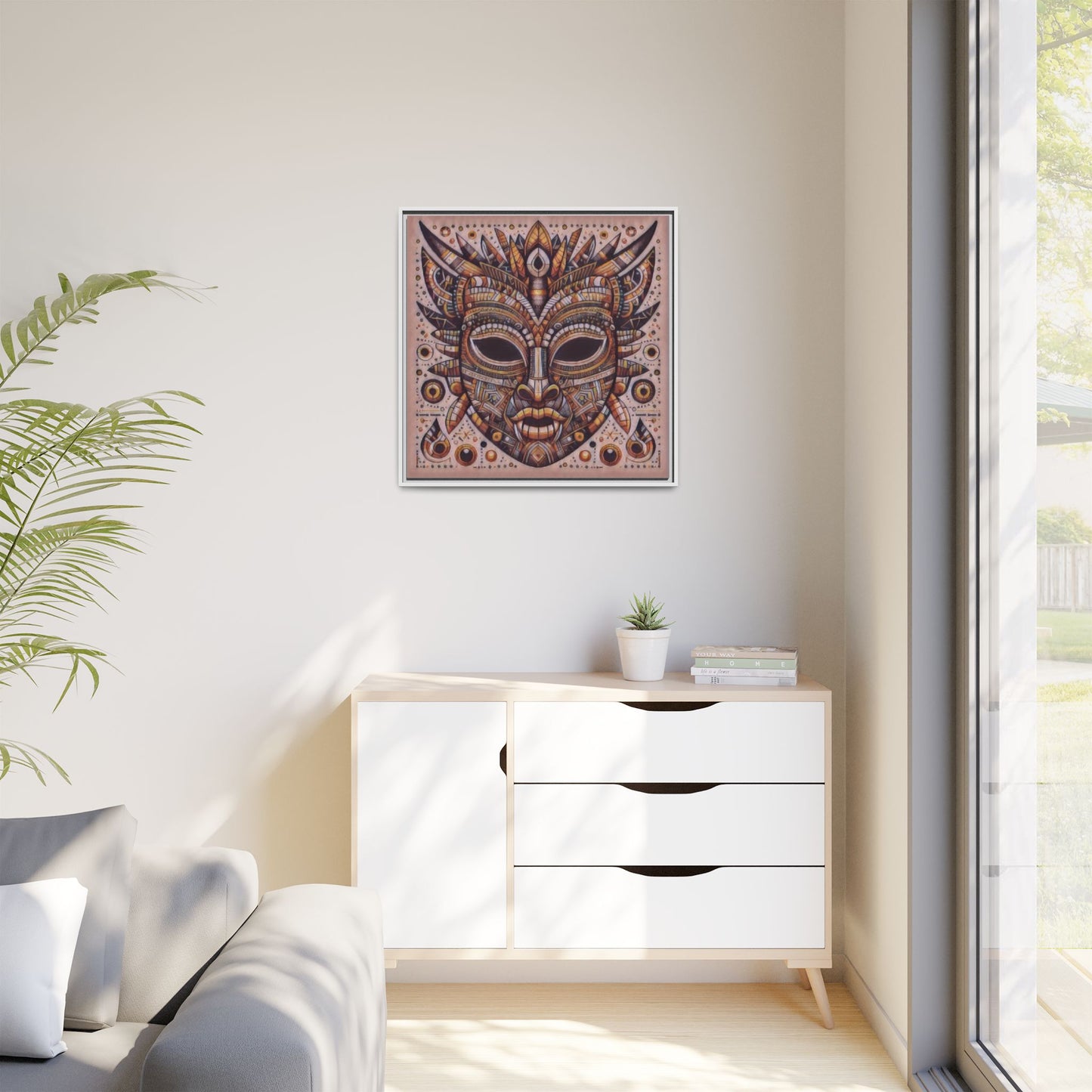 Tribal Mask Framed Canvas Art — Multicolor Matte Wall Decor
