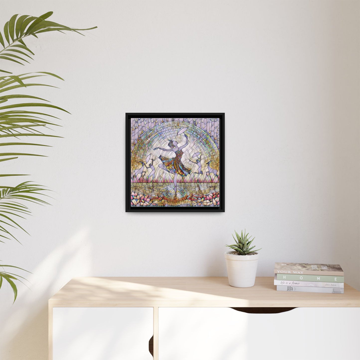 Stained Glass Ballerina Framed Canvas Art — Dancer Mosaic Wall Decor