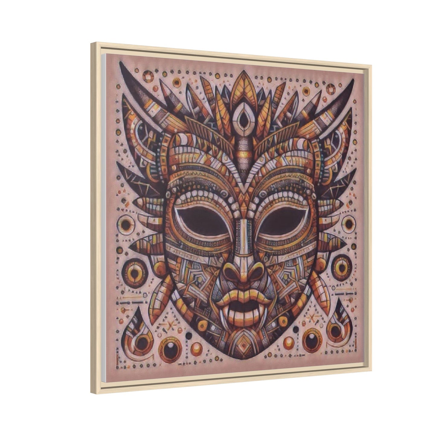 Tribal Mask Framed Canvas Art — Multicolor Matte Wall Decor