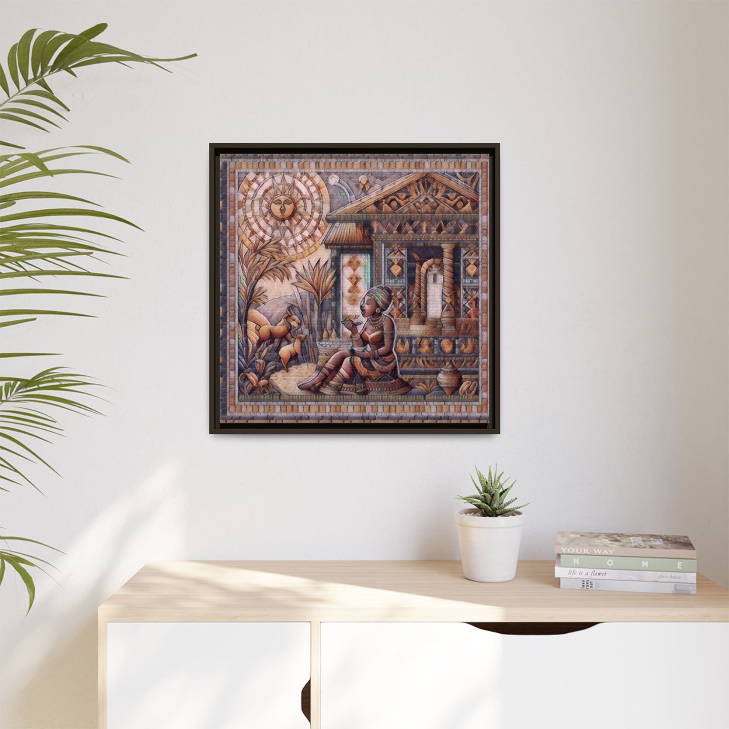 Egyptian Goddess Mosaic Framed Canvas Art — Colorful Ancient Ritual Wall Decor