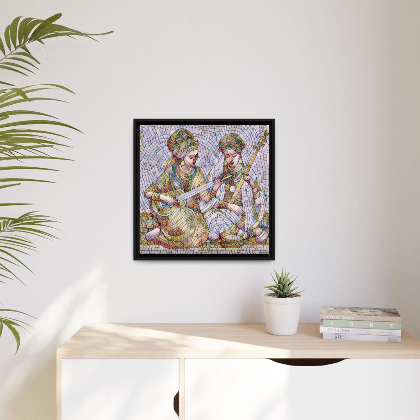 Framed Mosaic Art Print — Two Women Playing Lutes (Matte Canvas)
