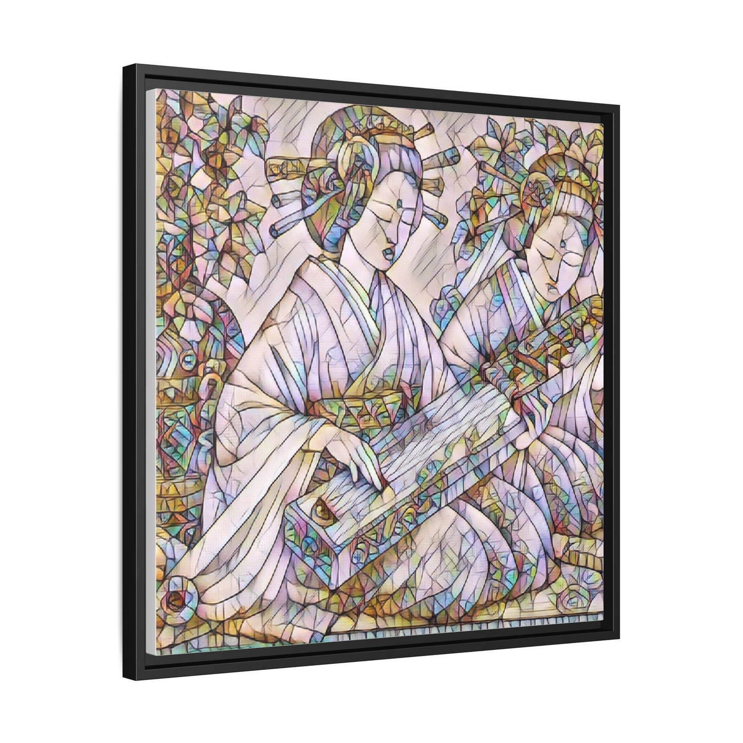 Framed Matte Canvas Print — Stained-Glass Geisha Duo