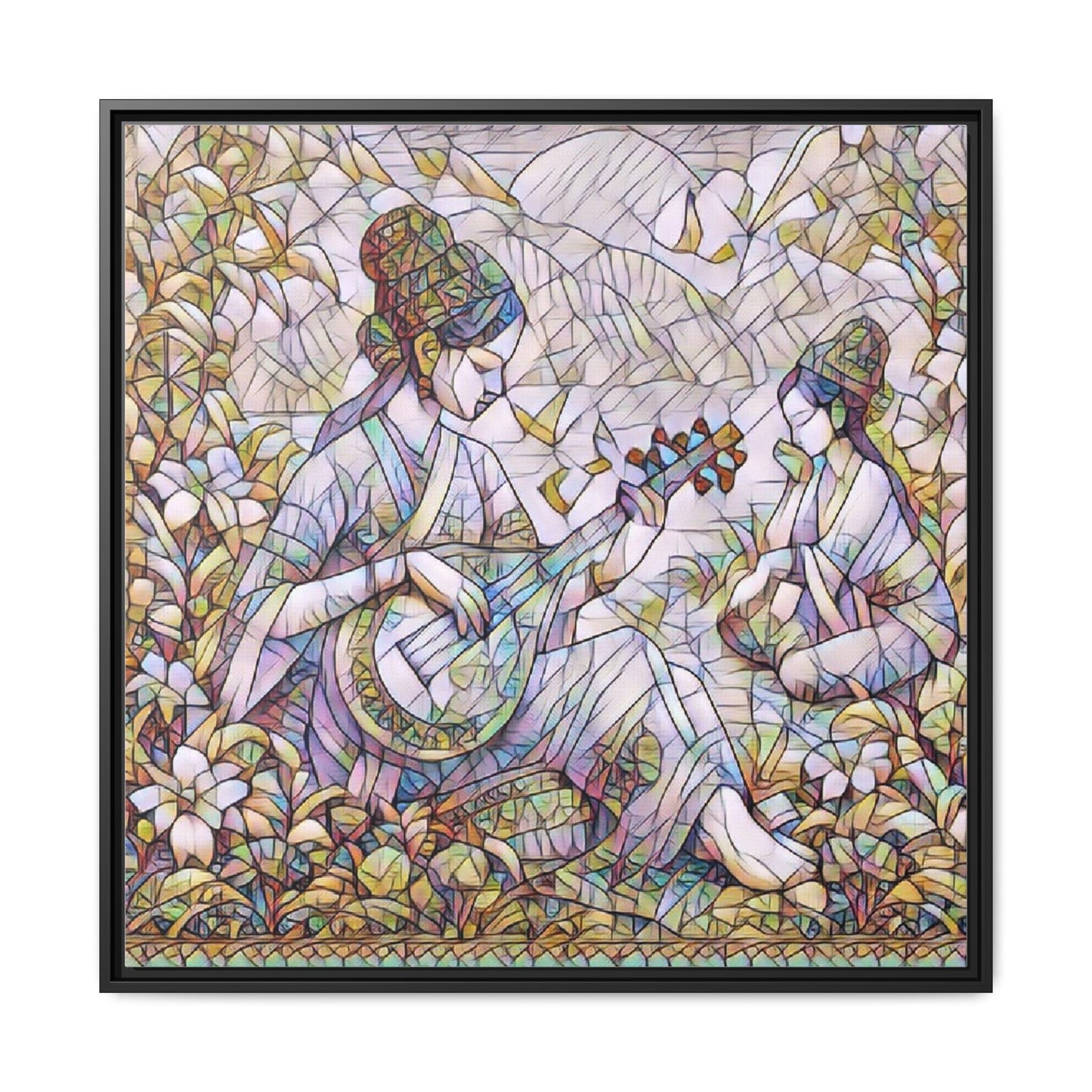 Framed Matte Canvas Art - Vintage Asian Musicians Floral Illustration