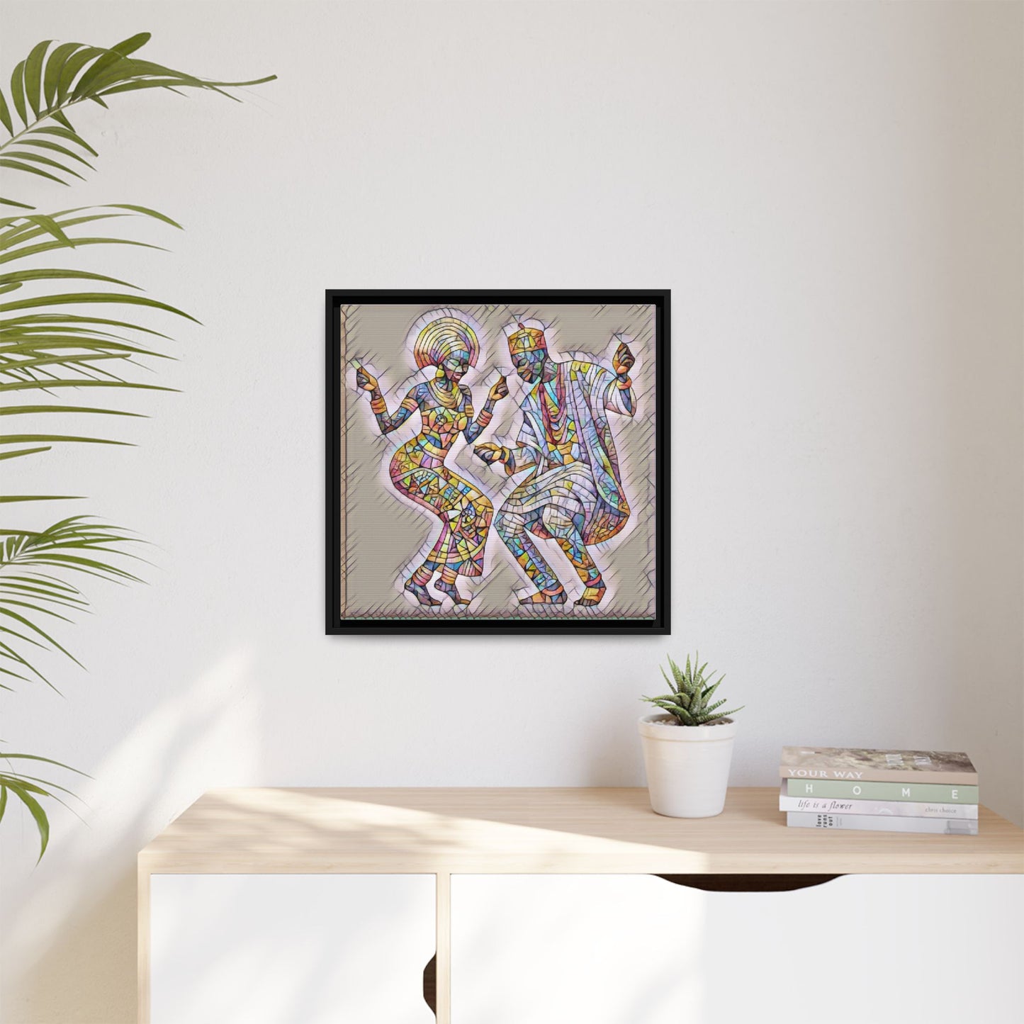Afrobeat Dancers Framed Canvas Art — Colorful Mosaic African Dance Print