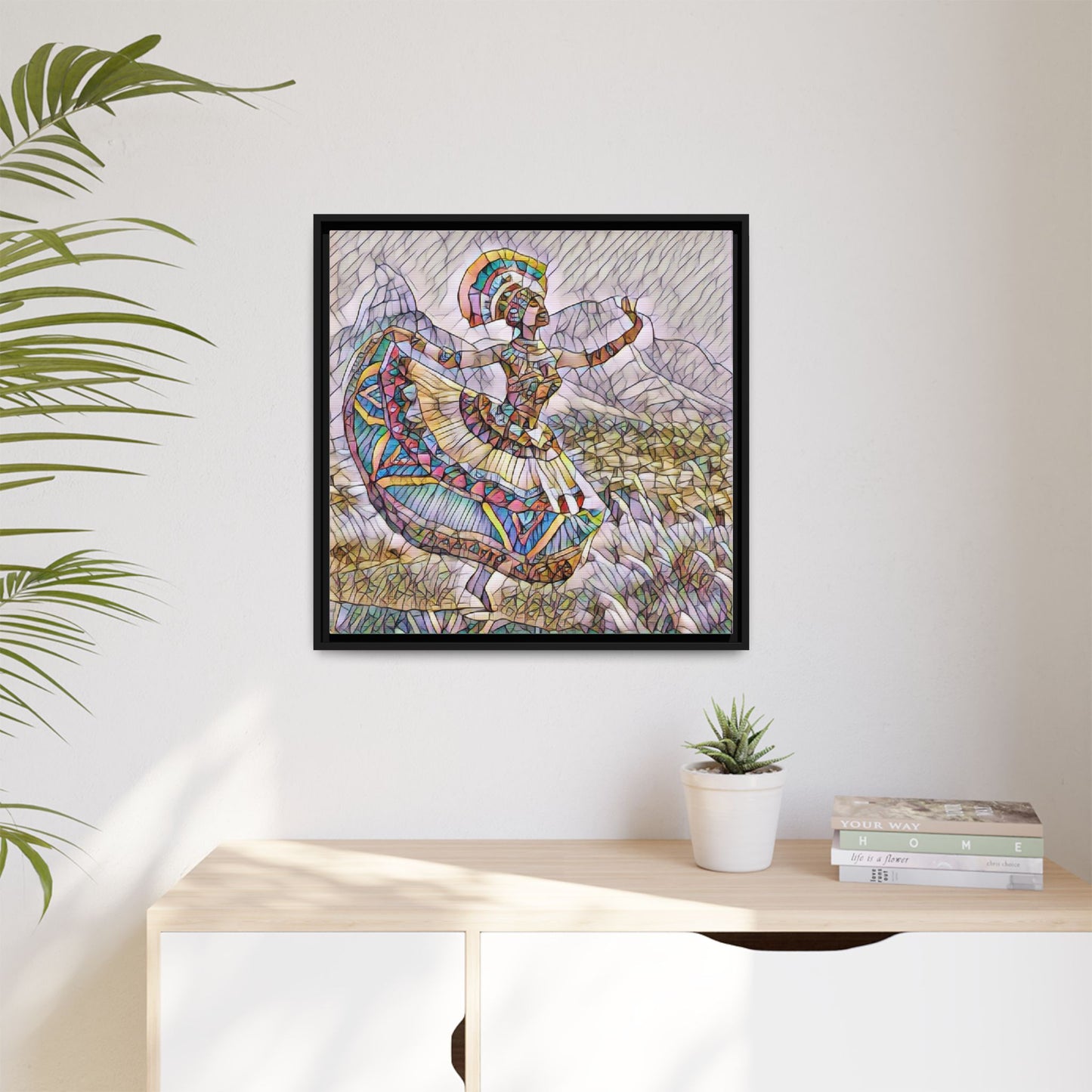 Ballerina Mosaic Framed Canvas Print — Colorful Ethnic Dance Wall Art