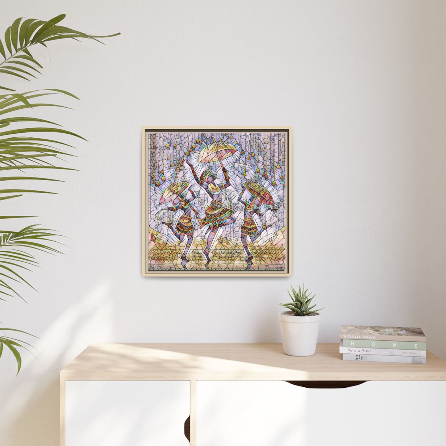 Colorful African Dance Framed Canvas Art — Umbrella Dancers Wall Decor