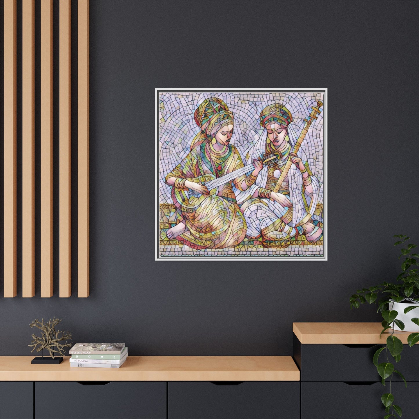 Framed Mosaic Art Print — Two Women Playing Lutes (Matte Canvas)