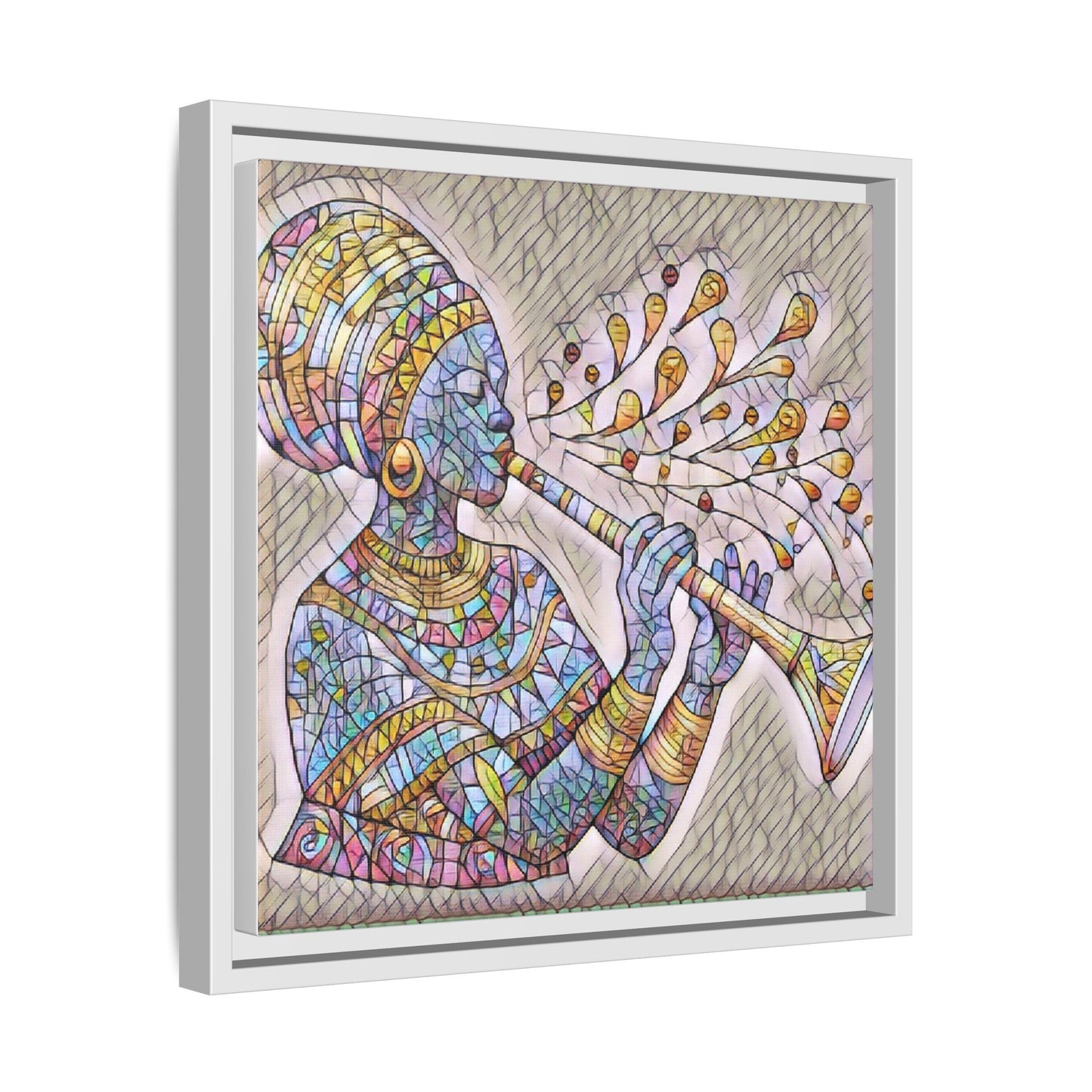 Framed Matte Canvas Art – Colorful African Musician Trumpet Print