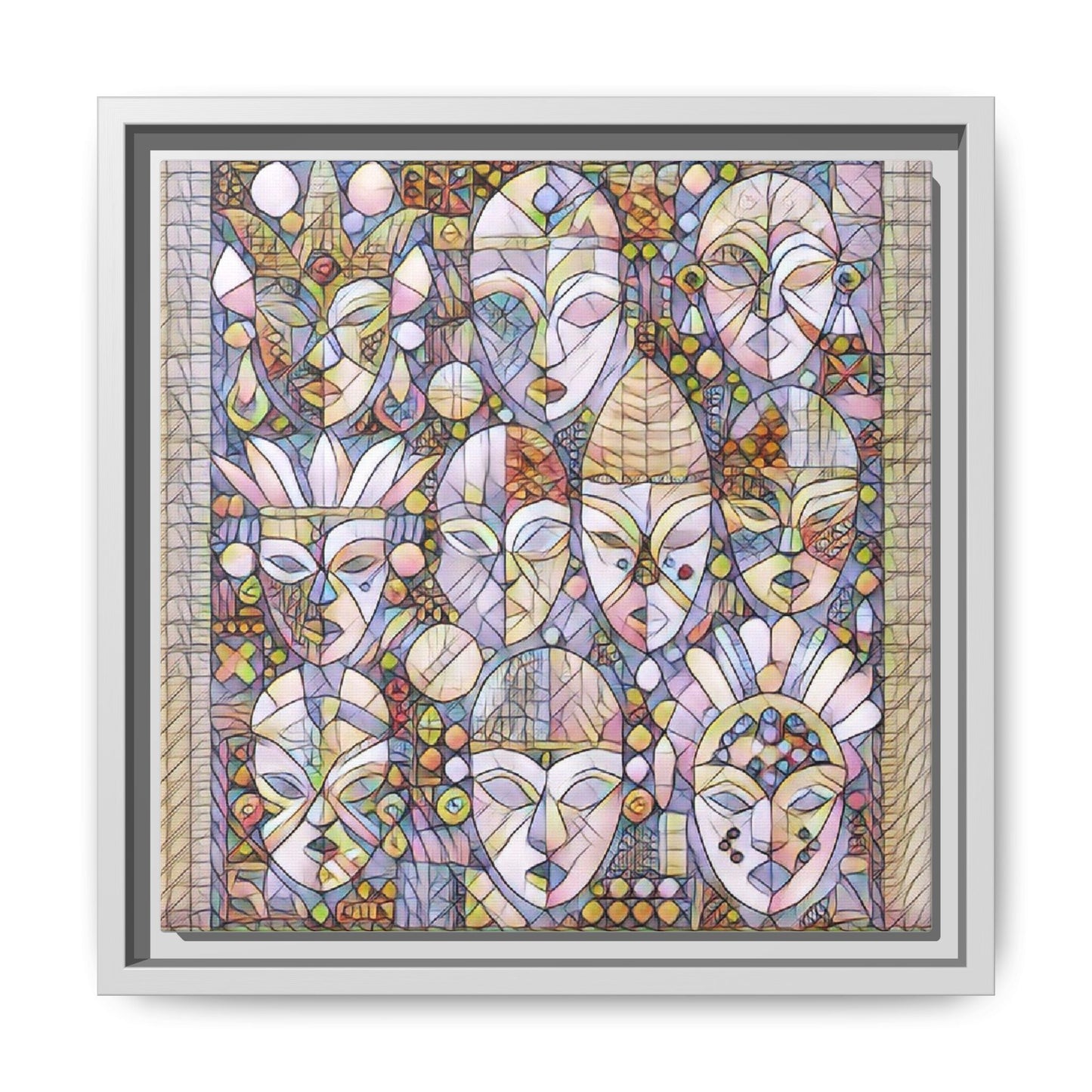 Framed Abstract Mask Art Canvas — Multicolor Stained-Glass Faces Wall Decor