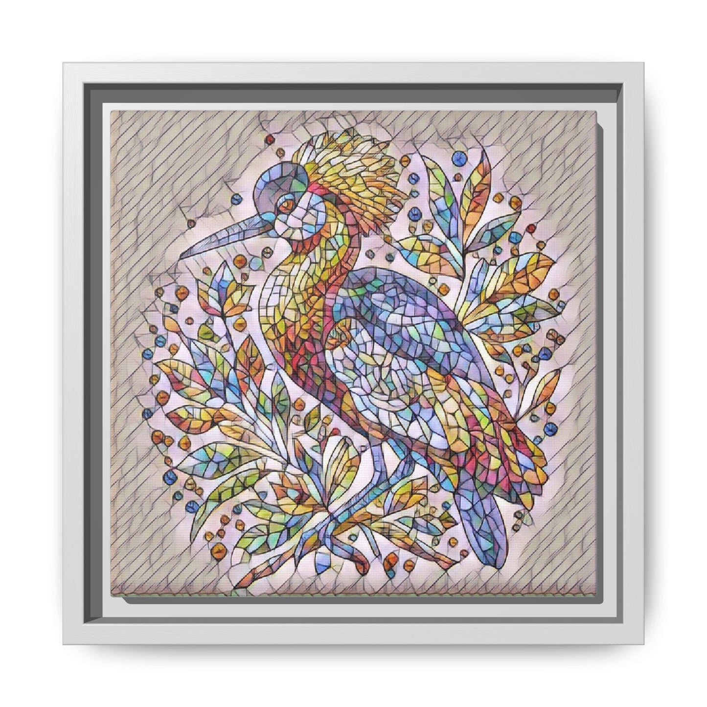 Colorful Stained-Glass Heron — Framed Matte Canvas Wall Art