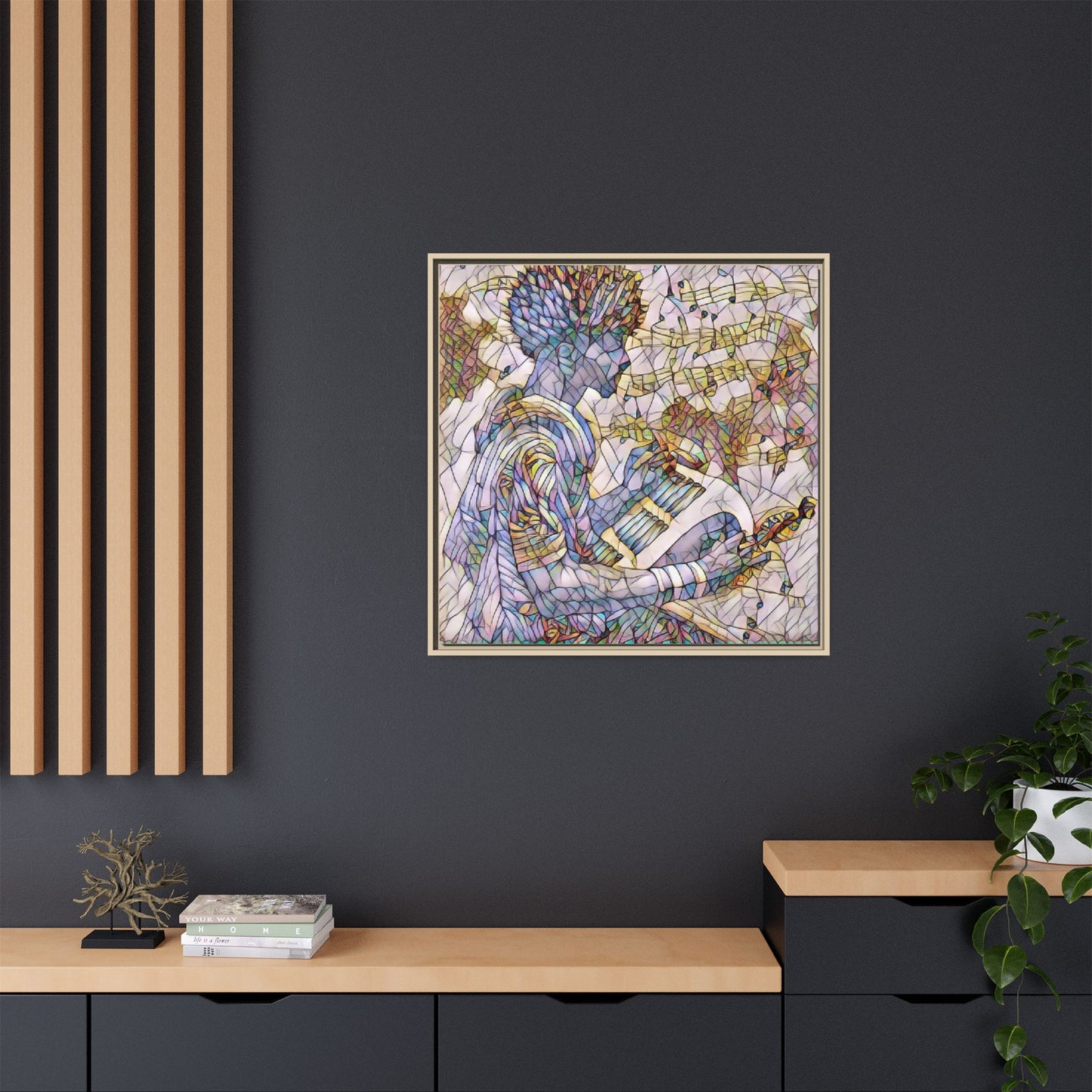 Abstract Jazz Musician Framed Canvas Art — Colorful Stained-Glass Style Wall Decor