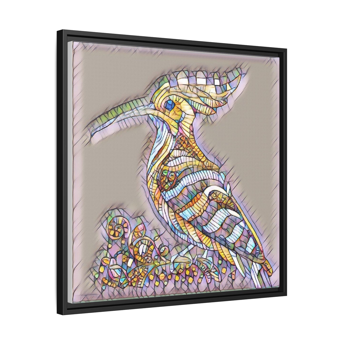 Colorful Mosaic Bird Framed Canvas Art — Whimsical Hoopoe Wall Decor