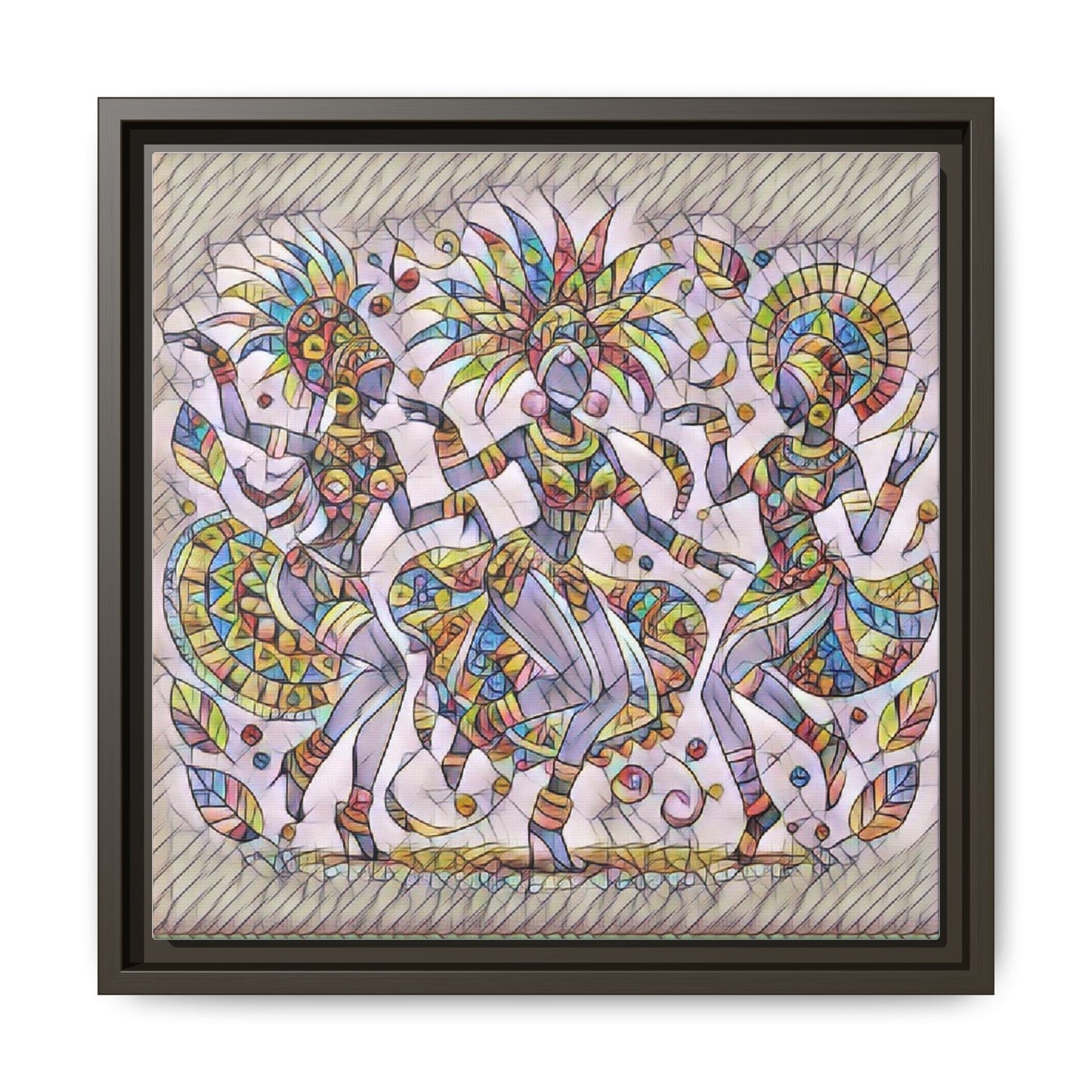 Colorful Carnival Dancers Framed Canvas Art — Multicolor Tribal Celebration Print