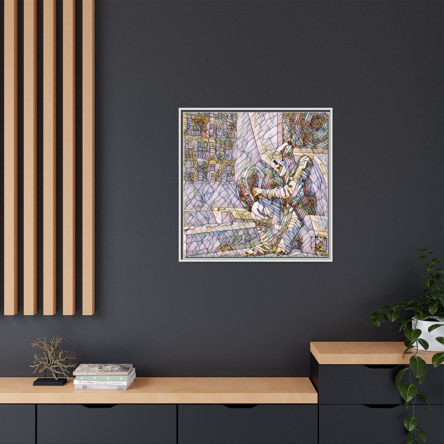 Framed Matte Canvas Art — Colorful Stained-Glass Astronaut Embrace