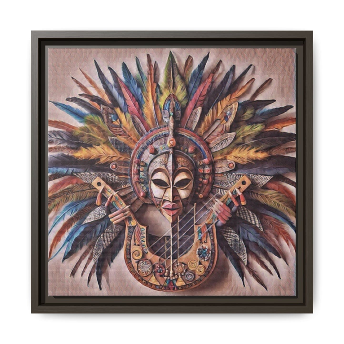Tribal Feather Mask Guitar Framed Canvas Art — Colorful Boho Wall Decor