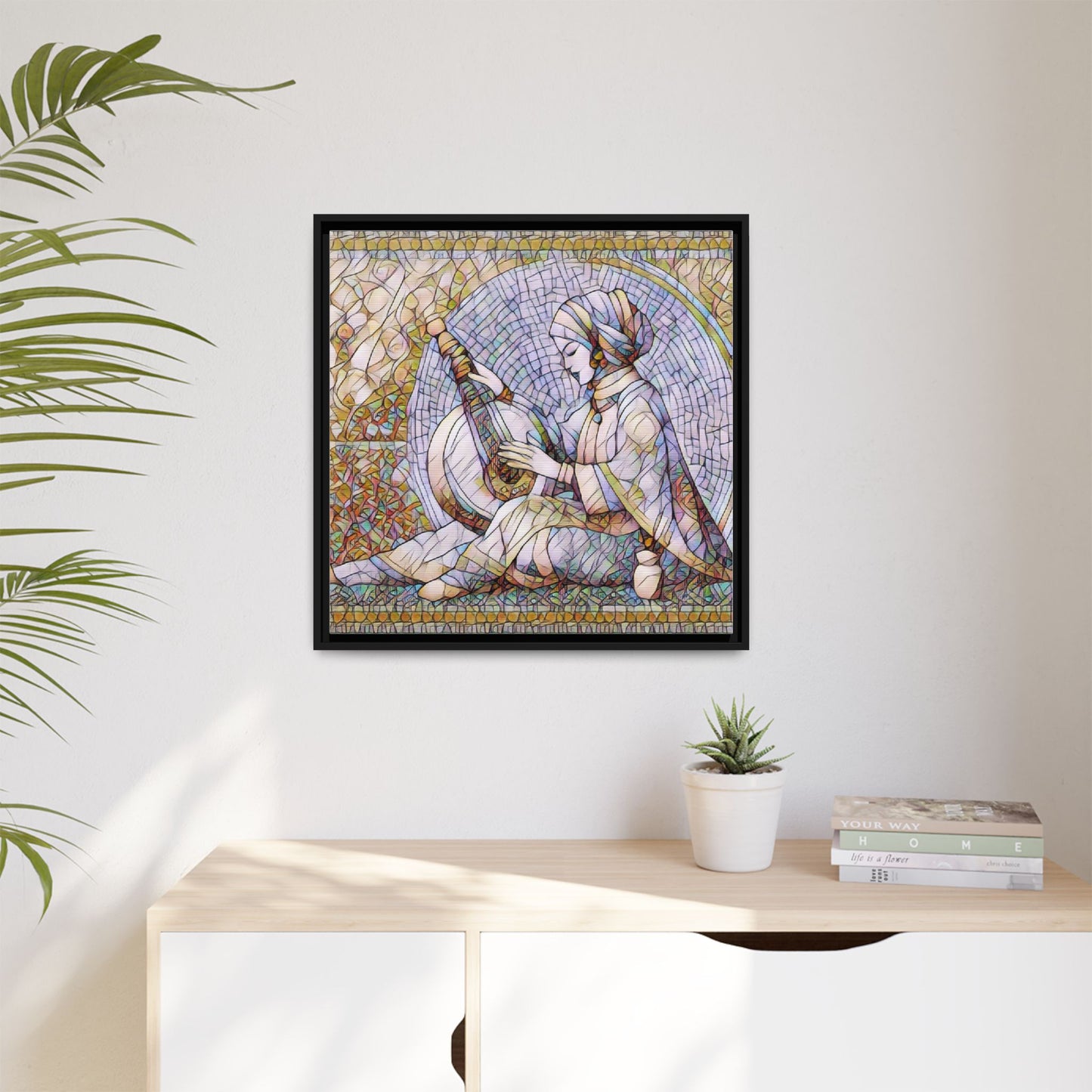 Framed Matte Canvas: Mosaic Lute Player Wall Art — Bohemian Musical Portrait