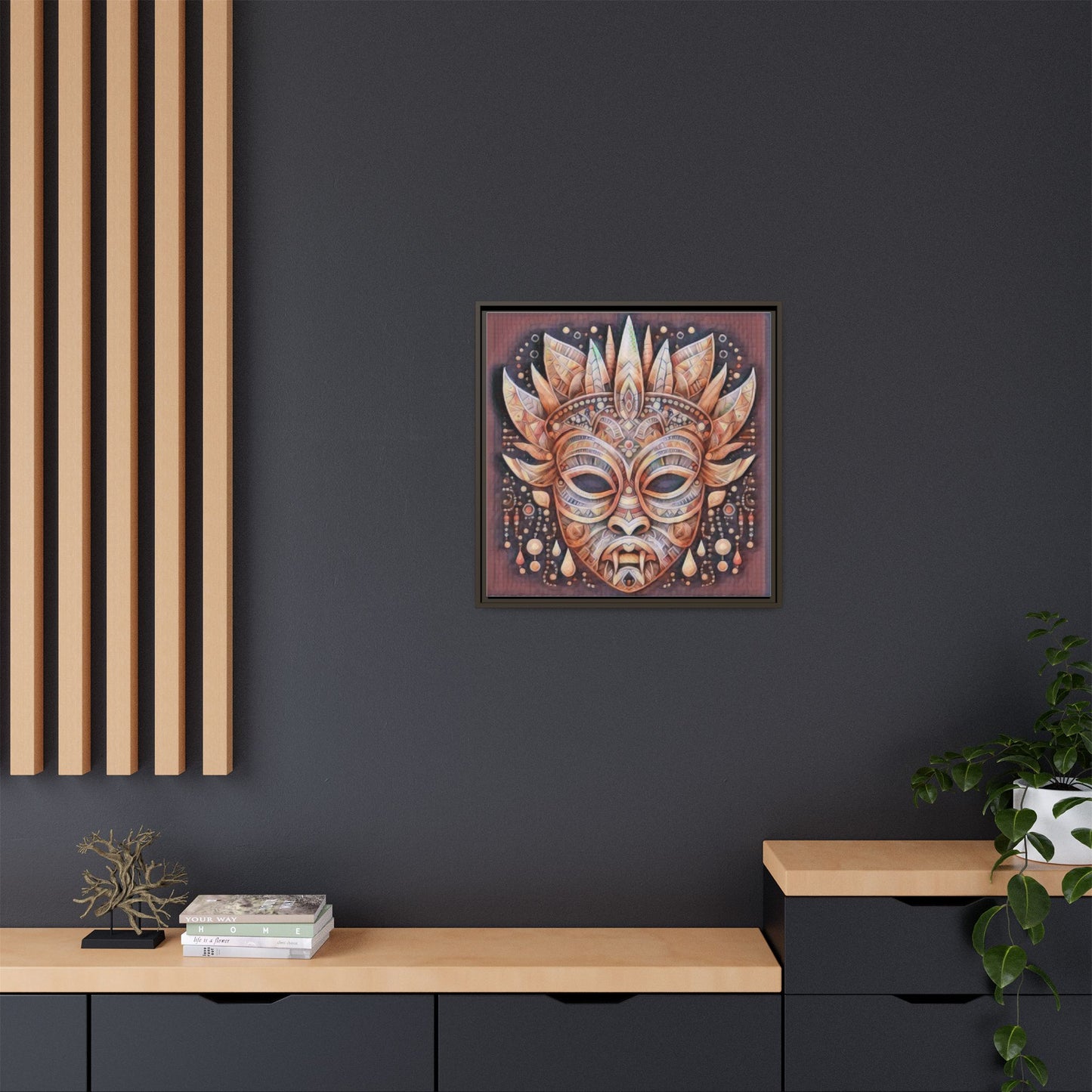 Tribal Sun Mask Framed Canvas Art — Boho Ethnic Wall Decor