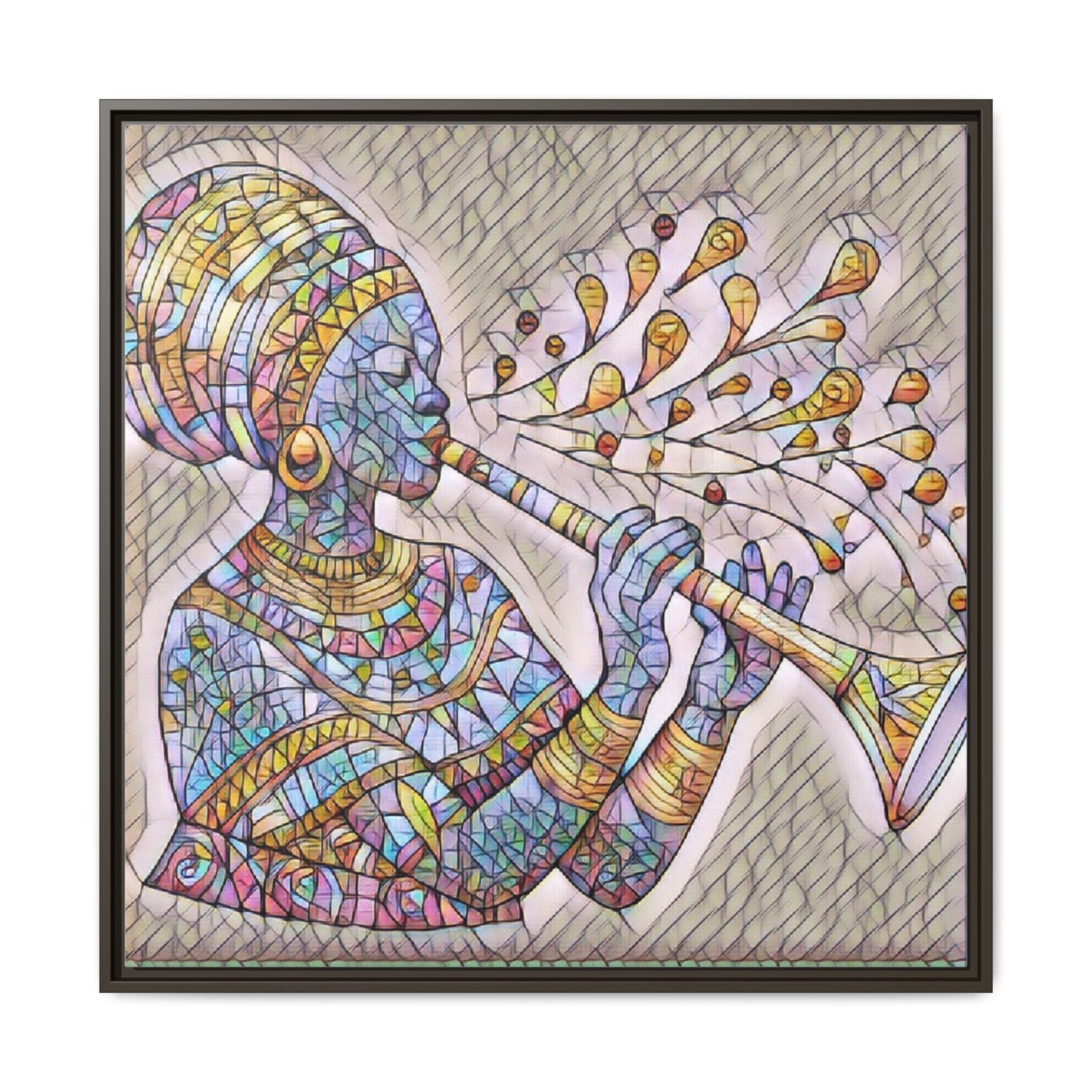 Framed Matte Canvas Art – Colorful African Musician Trumpet Print