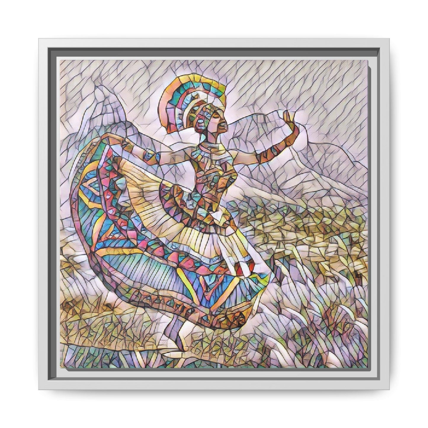 Ballerina Mosaic Framed Canvas Print — Colorful Ethnic Dance Wall Art